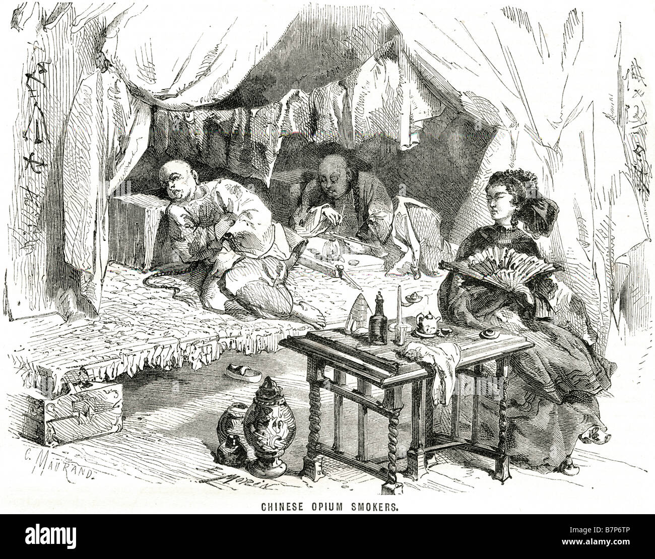L'Opium chinois salon fumeur habitude toxicomane des vêtements traditionnels house tente un passe-temps relaxant est un établissement d'opium den Banque D'Images