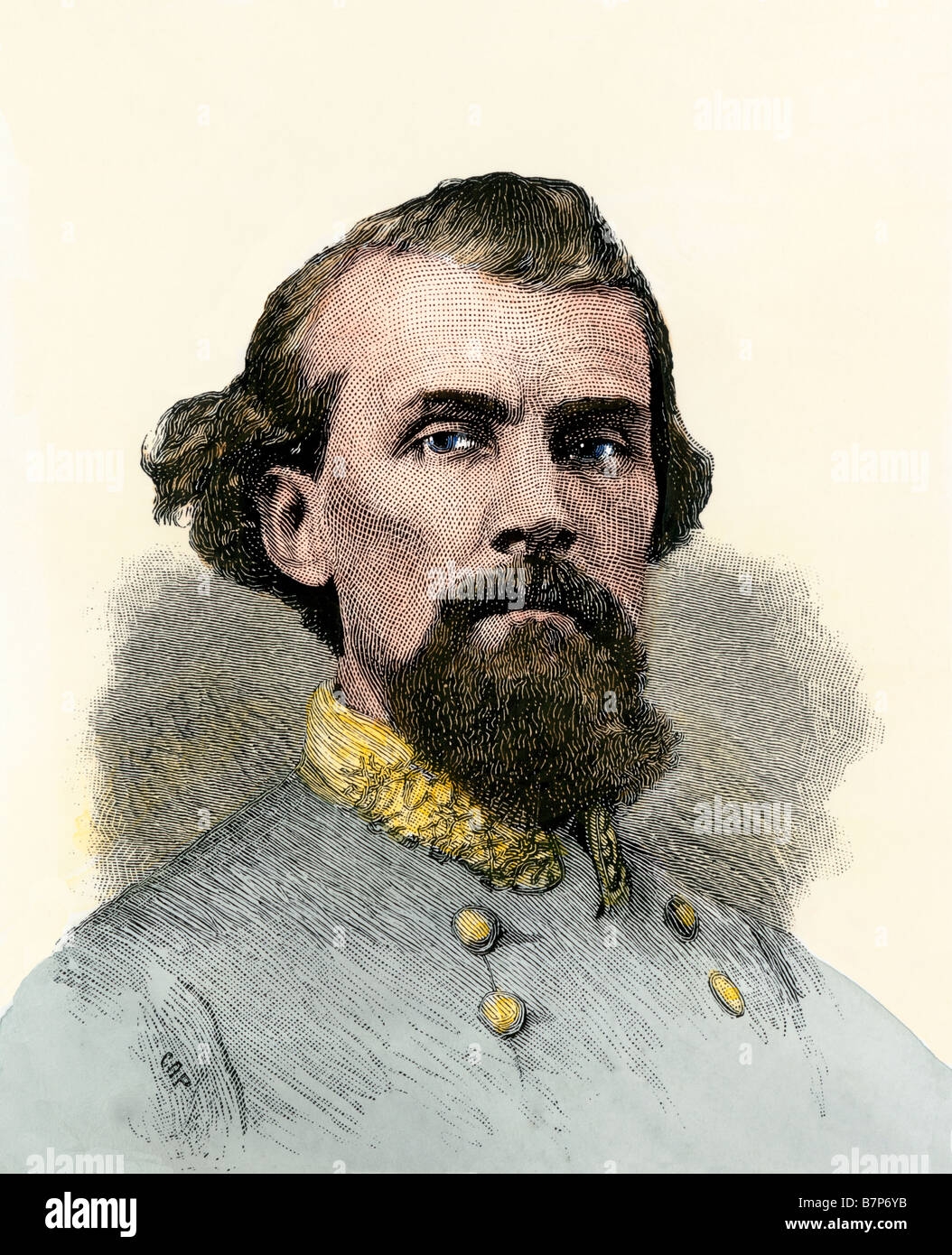 Général confédéré Nathan Bedford Forrest dans la guerre civile. À la main, gravure sur bois Banque D'Images