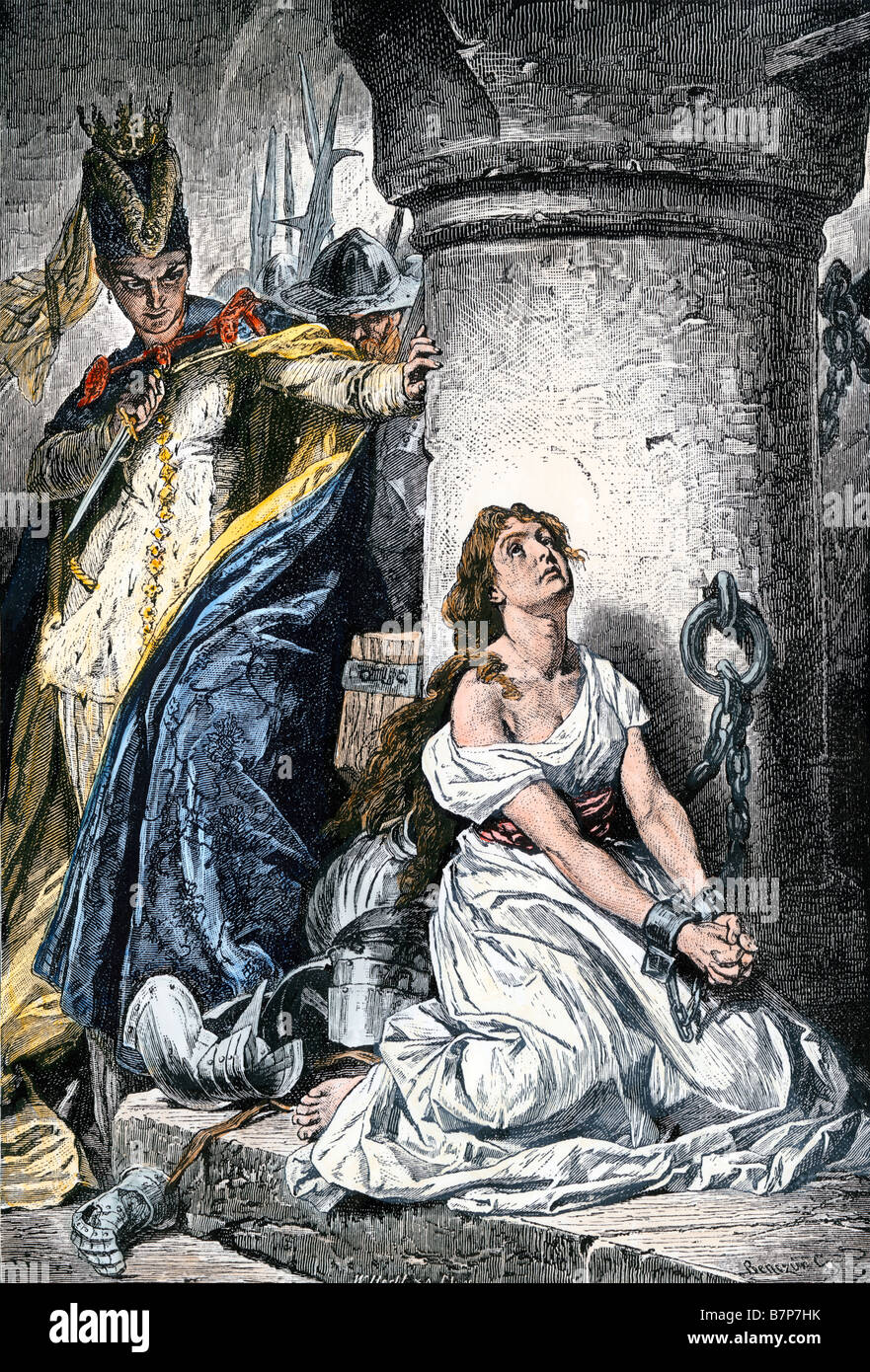 Joan of Arc emprisonné pour hérésie et sorcellerie après avoir conduit les Anglais d'Orléans. À la main, gravure sur bois Banque D'Images