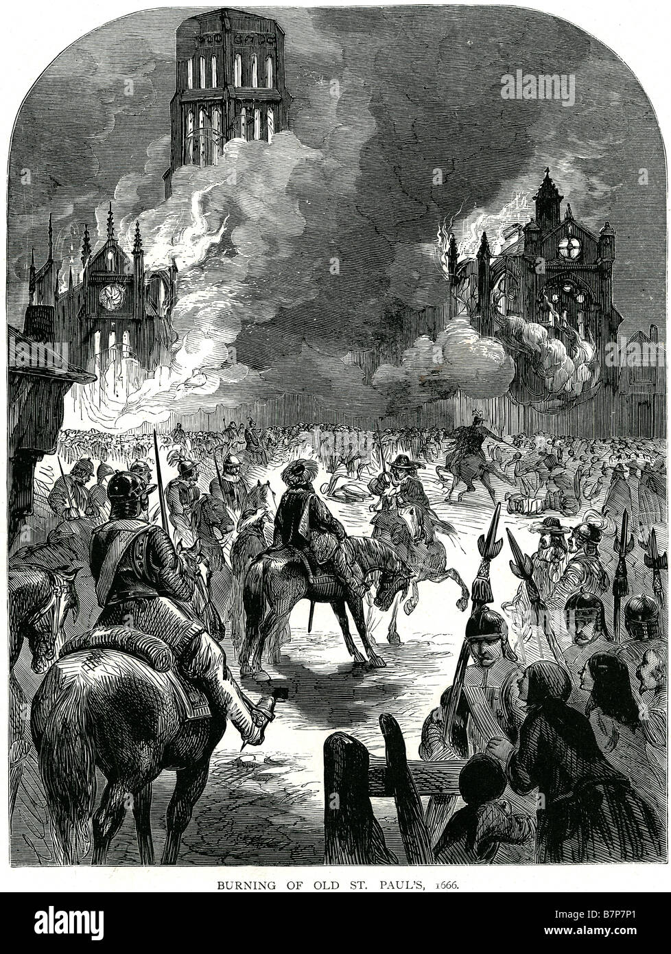 Ancienne gravure Saint Paul 1660 fire house building soldat ruine église cathédrale place arson fumée cour les vieux St. Paul's est un na Banque D'Images