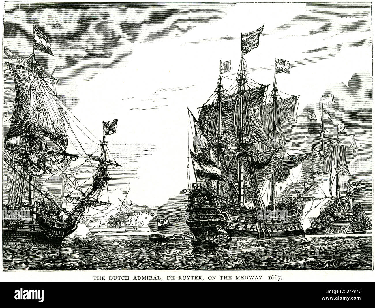 L'amiral hollandais De Ruyter Medway Chatham 1667 Bataille navale plus importante flotte de navires navires anglais Eau de mer Bateau à voile faire na marine Banque D'Images