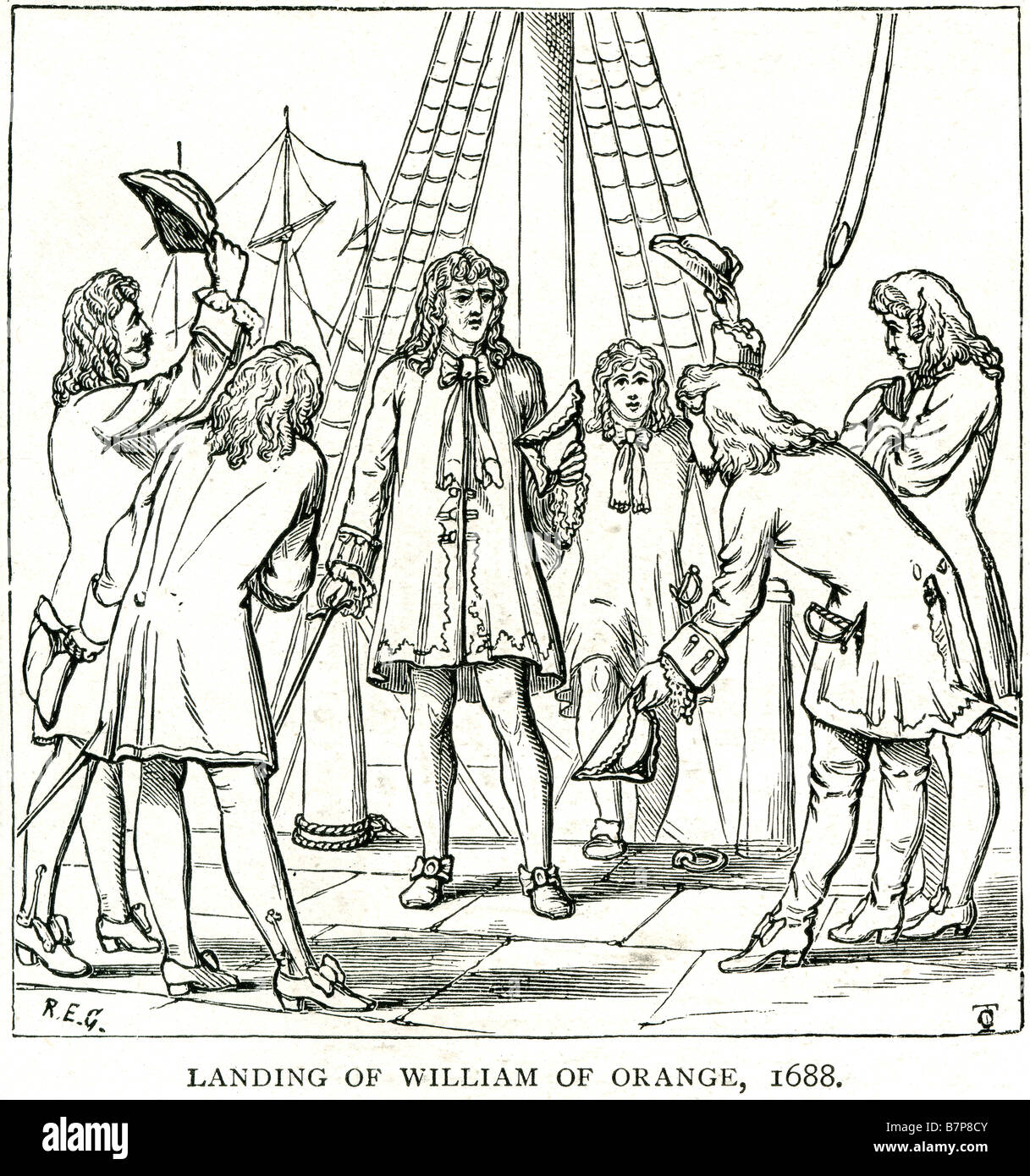 Landing Ship dock Orange William 1688 vêtements traditionnels vœux arrivée bienvenue voile transport voyages en 1686, un groupe de collègues Banque D'Images