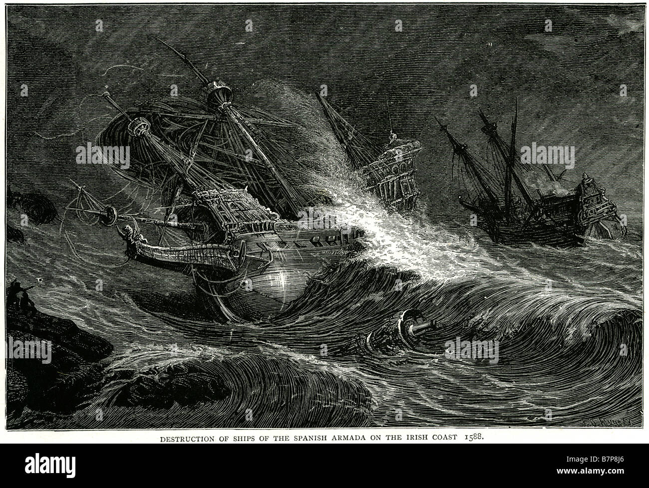 Navires Destruction armada espagnole côte irlandaise 1588 Tempête Marine Invincible flotte de navires de combat de l'eau mer Bateau à voile faire na marine Banque D'Images