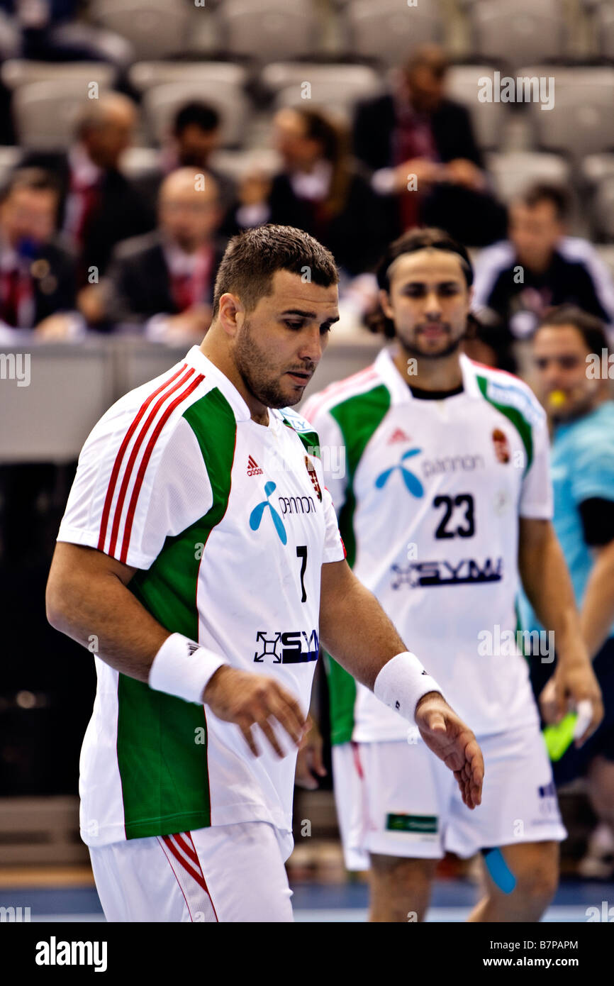 Joueurs de handball hongrois Gyula Gal (L) et Nikola Eklemovic (R) Banque D'Images