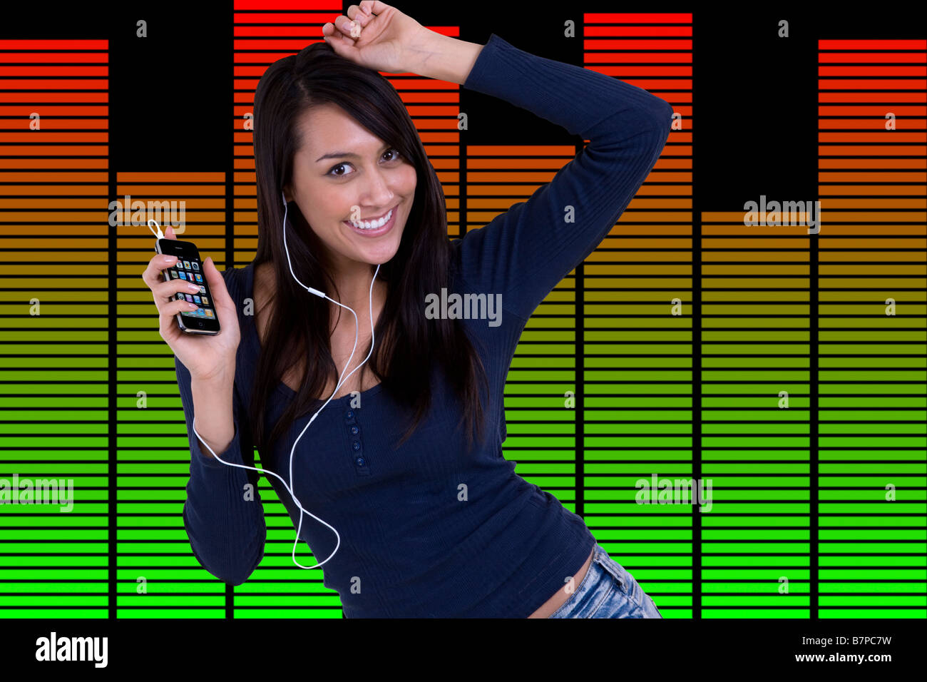 Fille danse avec un casque à musique mp3 avec l'iphone avec un égaliseur  graphique historique Photo Stock - Alamy