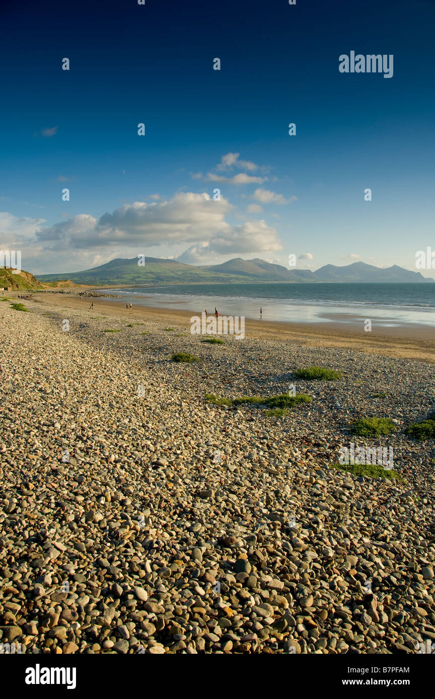 Se mêlent sur la plage de Dinlle à Dinas avec les montagnes Snowdonian à distance Banque D'Images