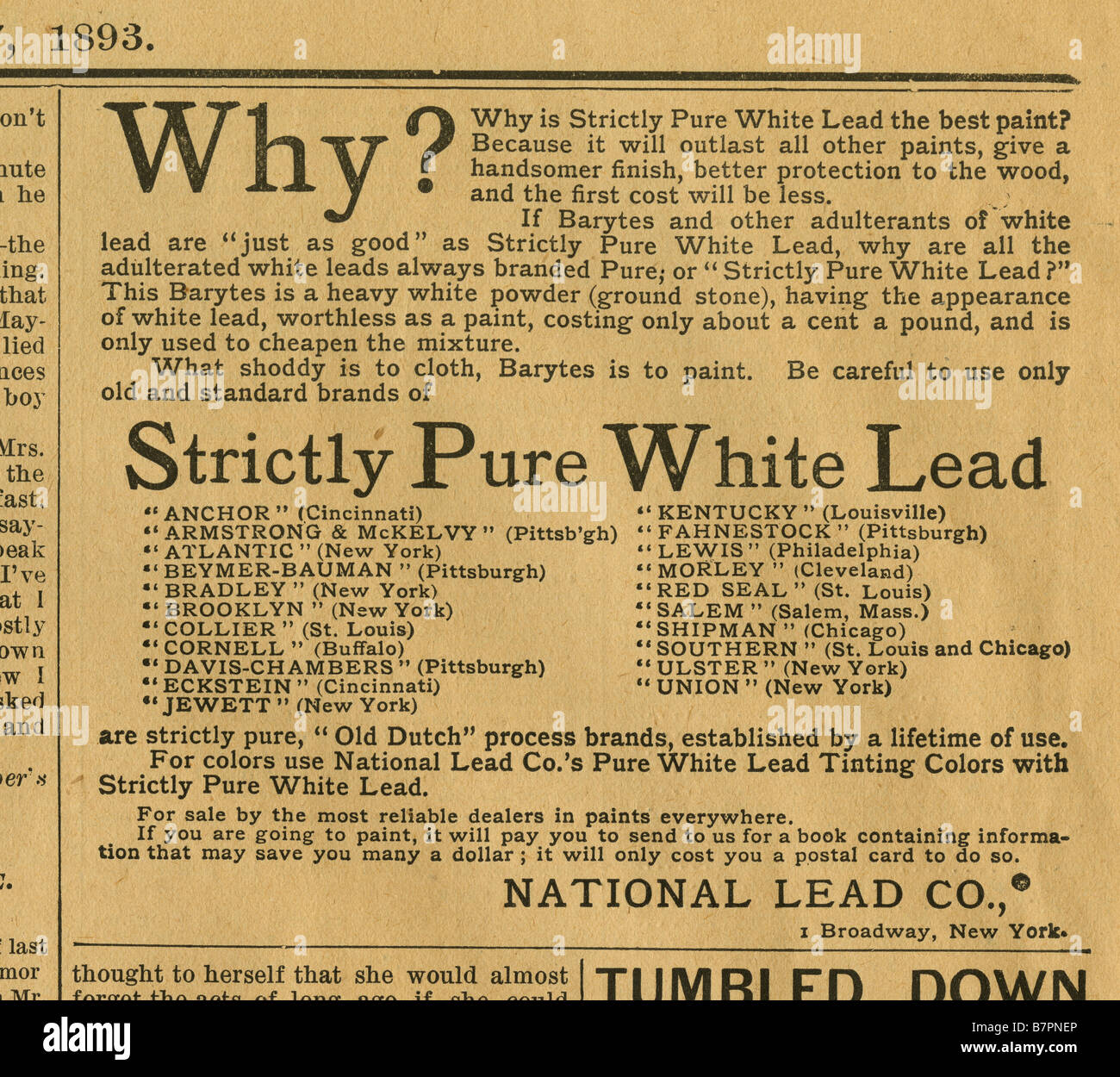 Antique 1893 annonce de journal pour Strickly blanc pur de la peinture au plomb, de l'entreprise responsable national de Brooklyn, New York. Banque D'Images