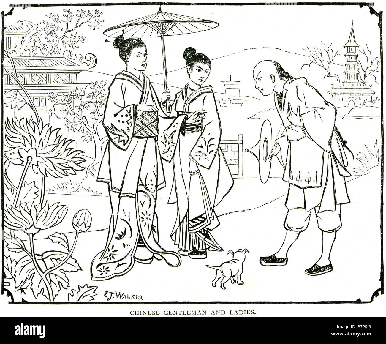 Gentleman chinois chers park promenade de chiens chine geisha homme femme vêtements traditionnels de l'été à l'extérieur du pays le jardin Banque D'Images