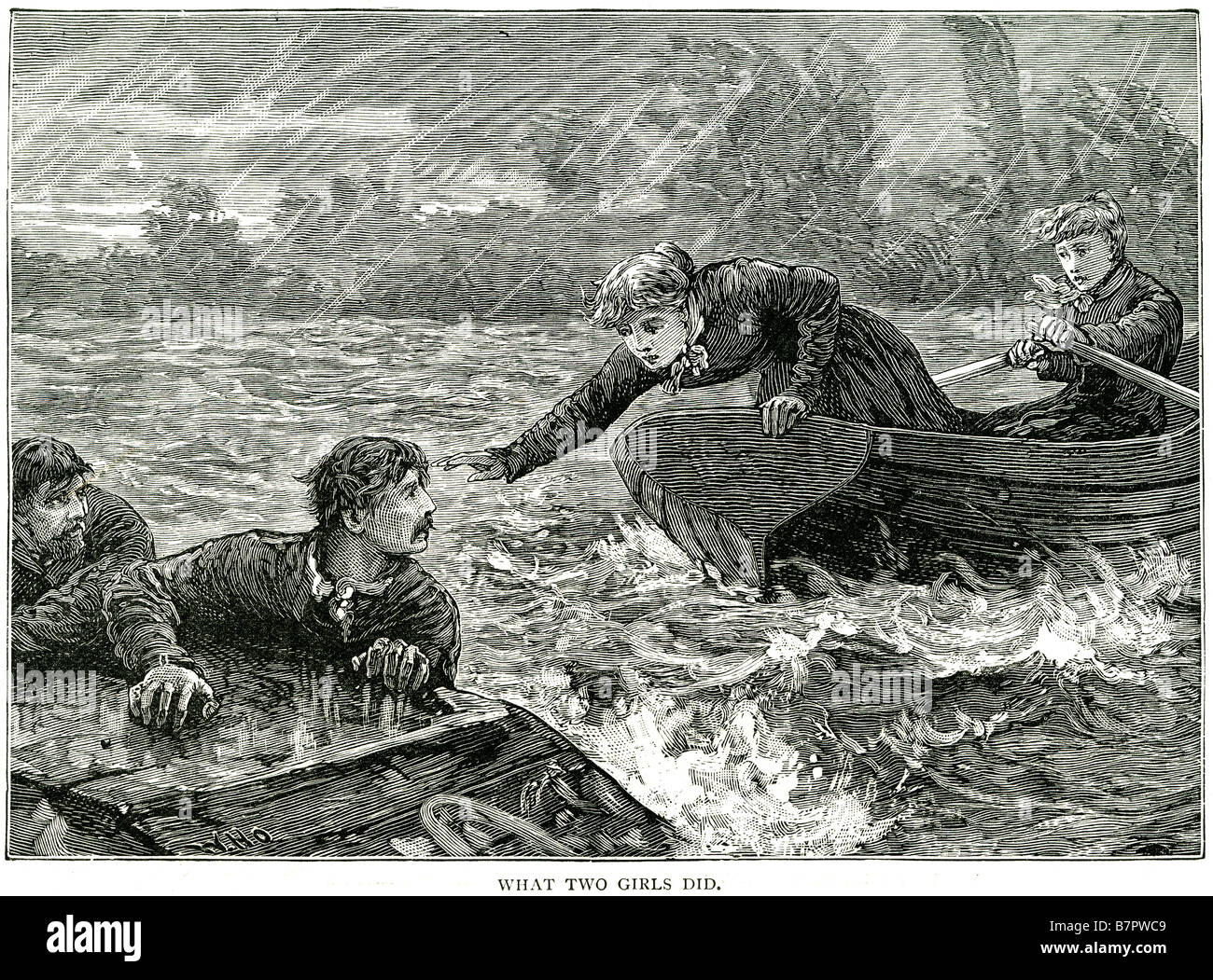 Ce que deux jeunes filles a fait un acte courageux marins mer tempête naufrage sauvetage héros noyade navire chavirer l'eau de mer voile Hommes Femmes Banque D'Images