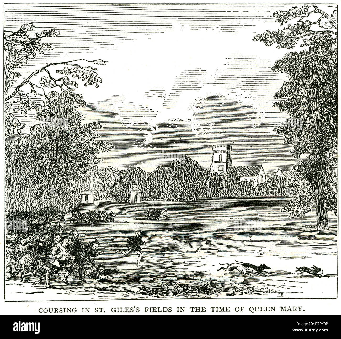 Situés à st. gile's champs dans l'époque de la reine Mary qui est la poursuite de jeu ou d'autres animaux par des chiens -surtout Grayho Banque D'Images