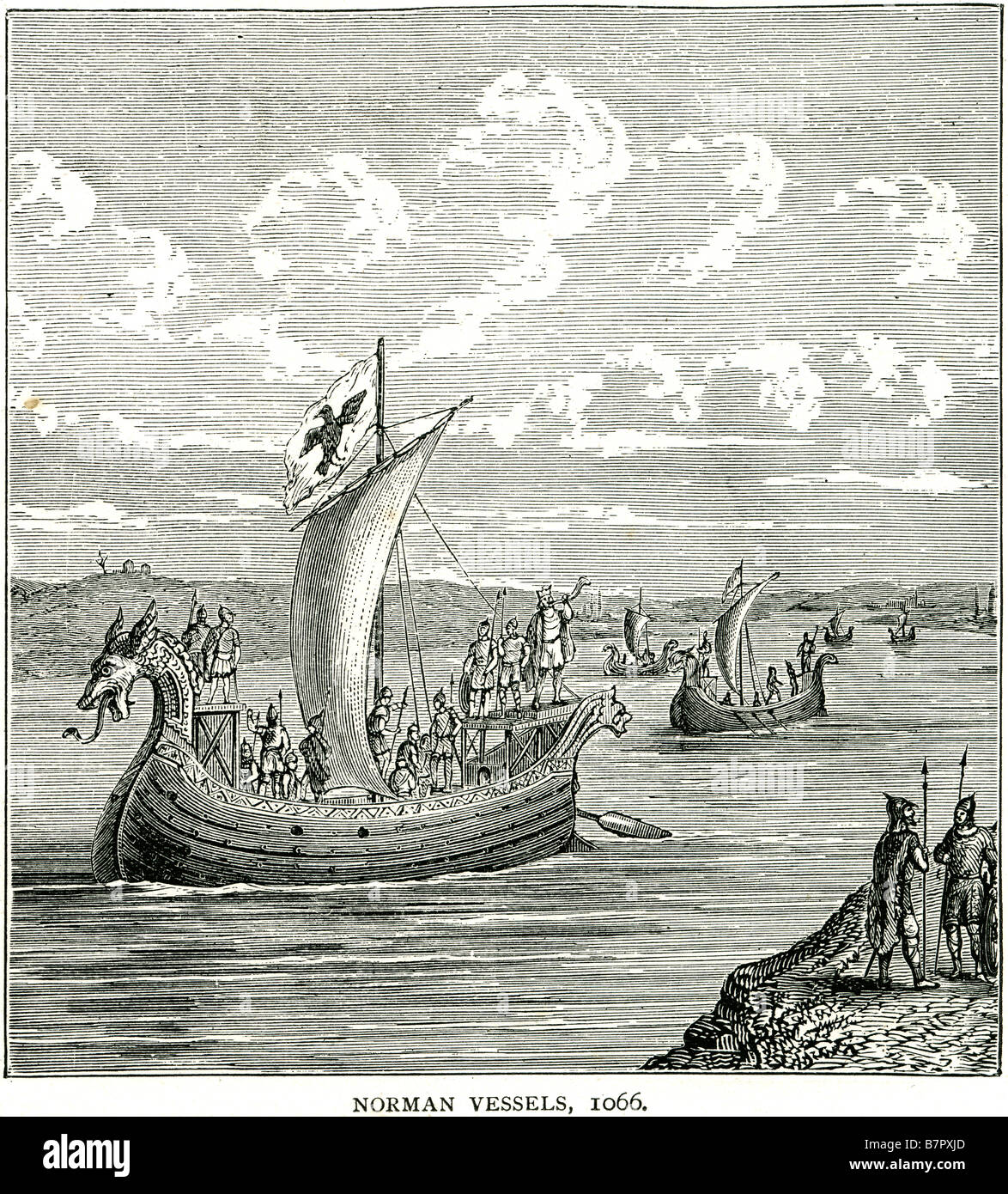 Navire Norman 1066 invasion française de l'estuaire de la rivière mer navire flotte de guerre bataille soldats il y avait deux classes distinctes de Viking sh Banque D'Images