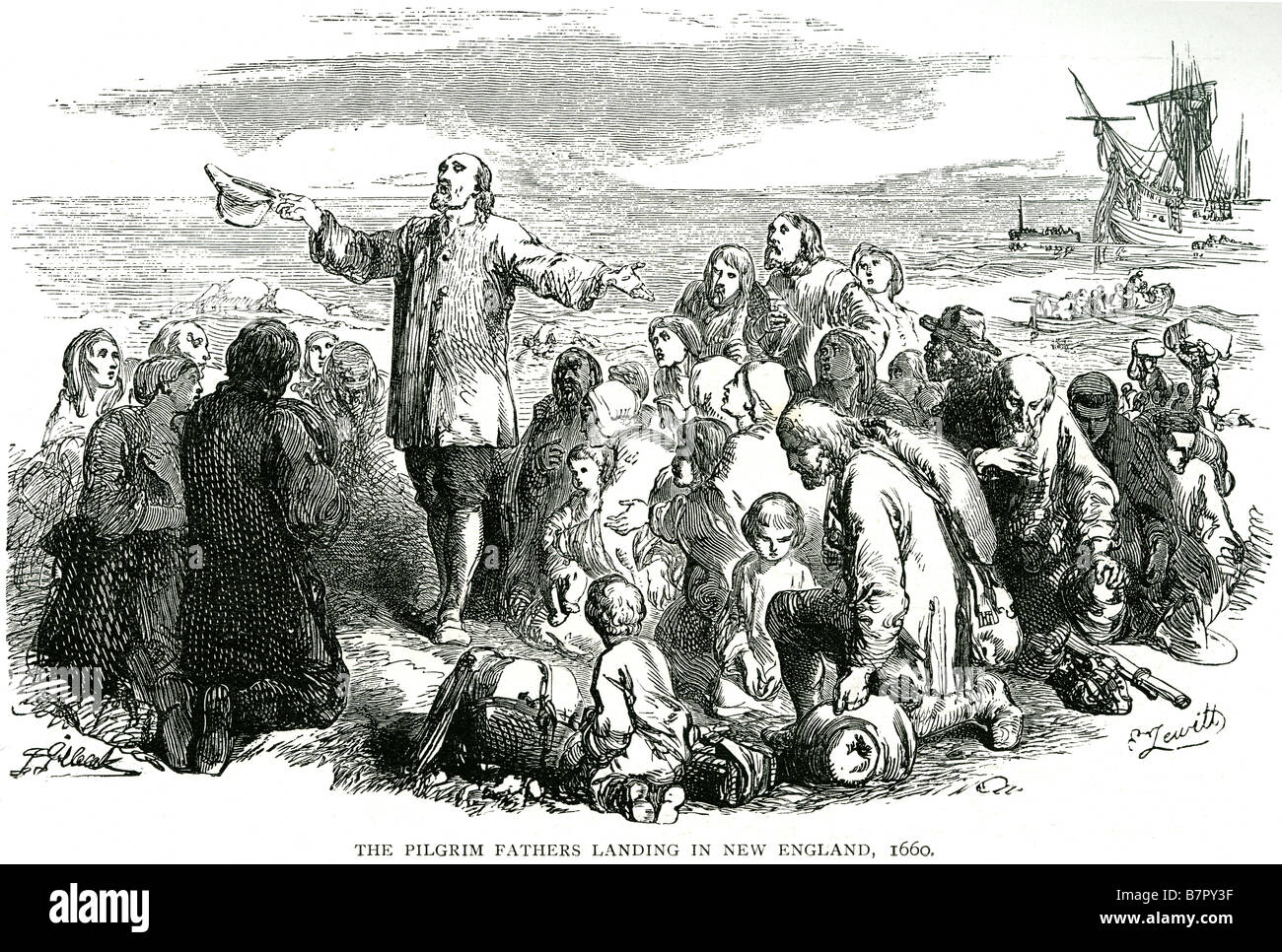 Les Pères Pèlerins LAnding New England 1660 rivage mer voile Dieu Jésus bible ancien testament Saint Christ nouveaux pèlerins, ou pèlerin Fath Banque D'Images