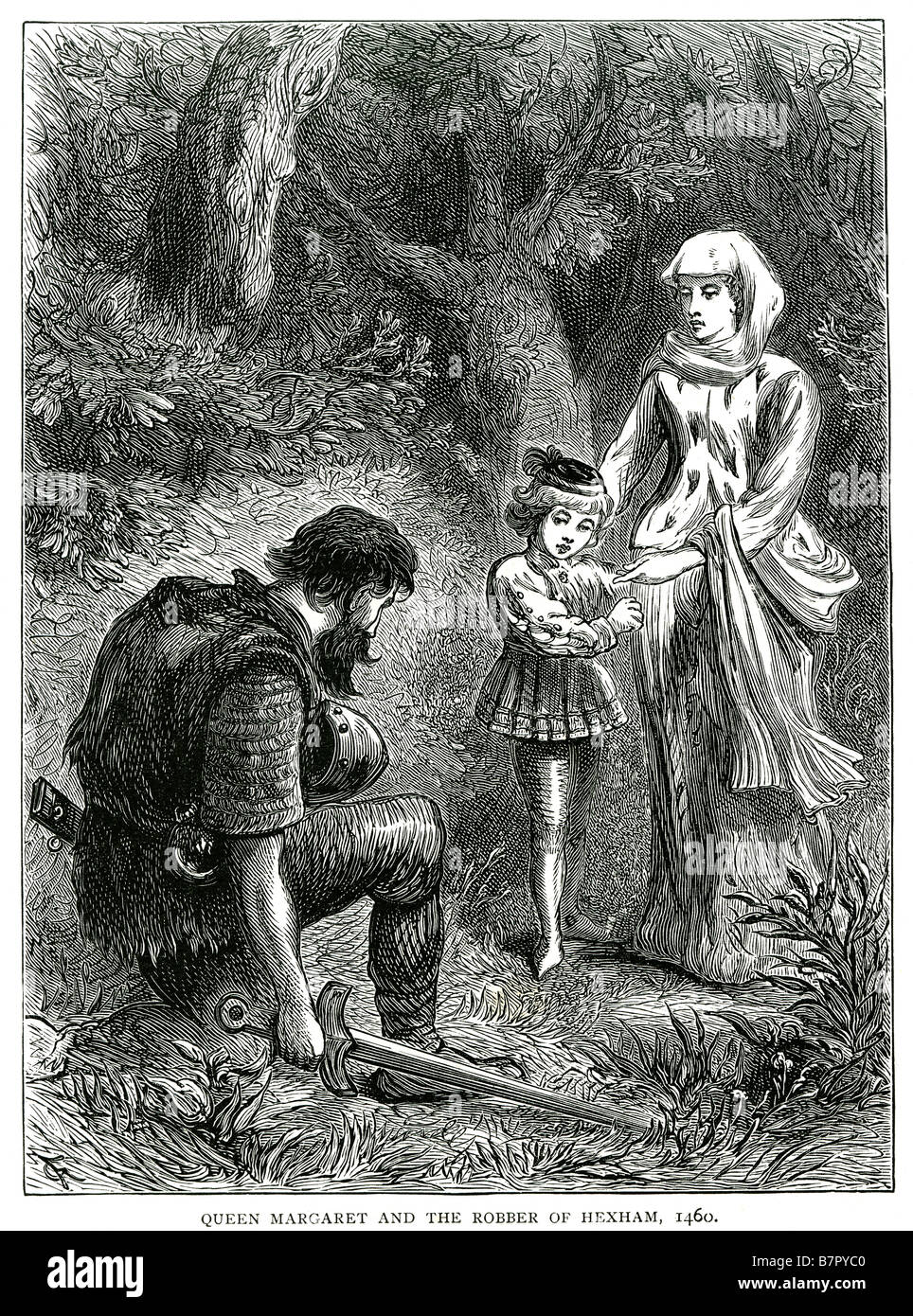 Qeen Margaret et le Voleur de Hexham 1460 trois personnes woods deux adultes un enfant image Banque D'Images