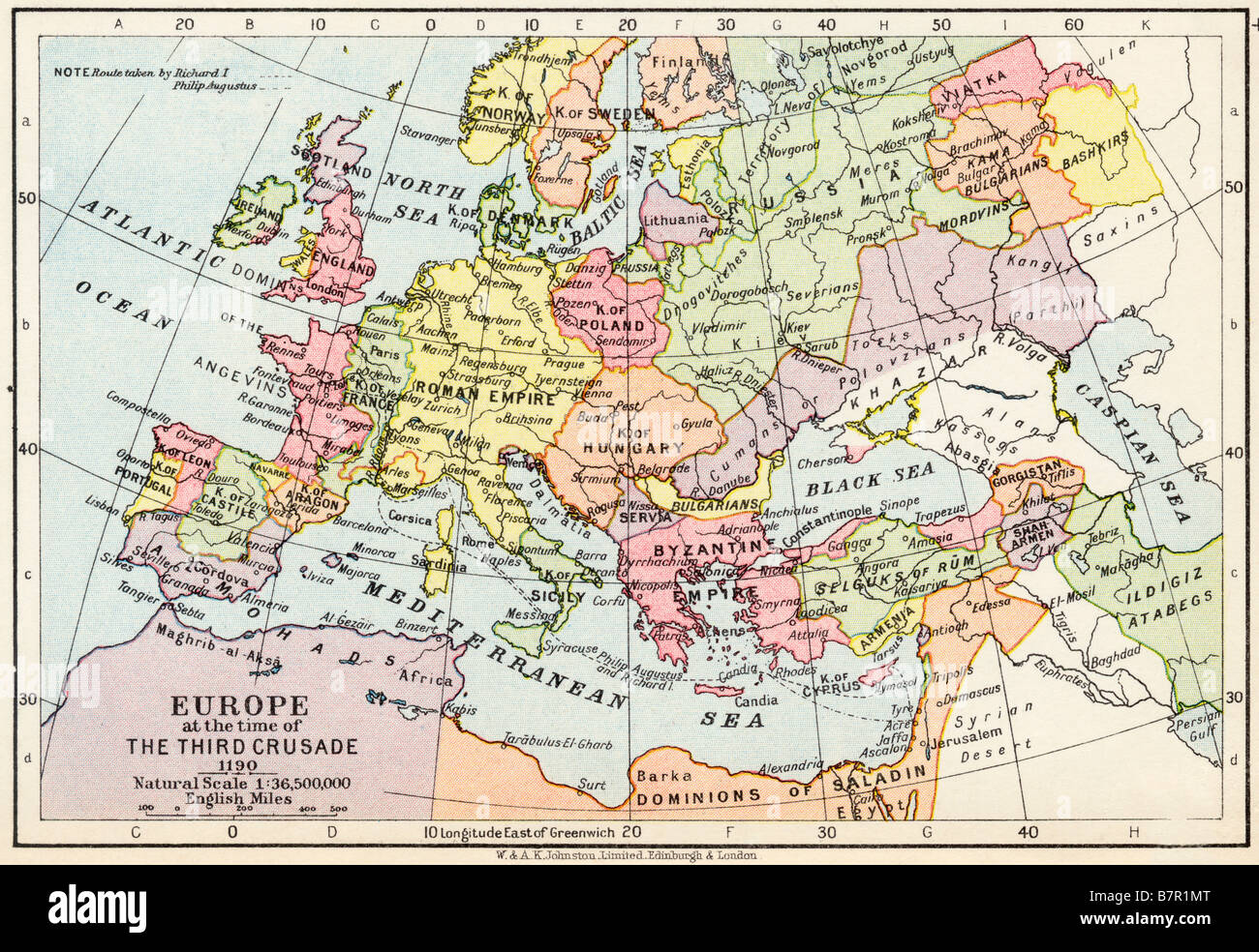 Carte de l'Europe à l'époque de la Troisième Croisade, 1190 Banque D'Images