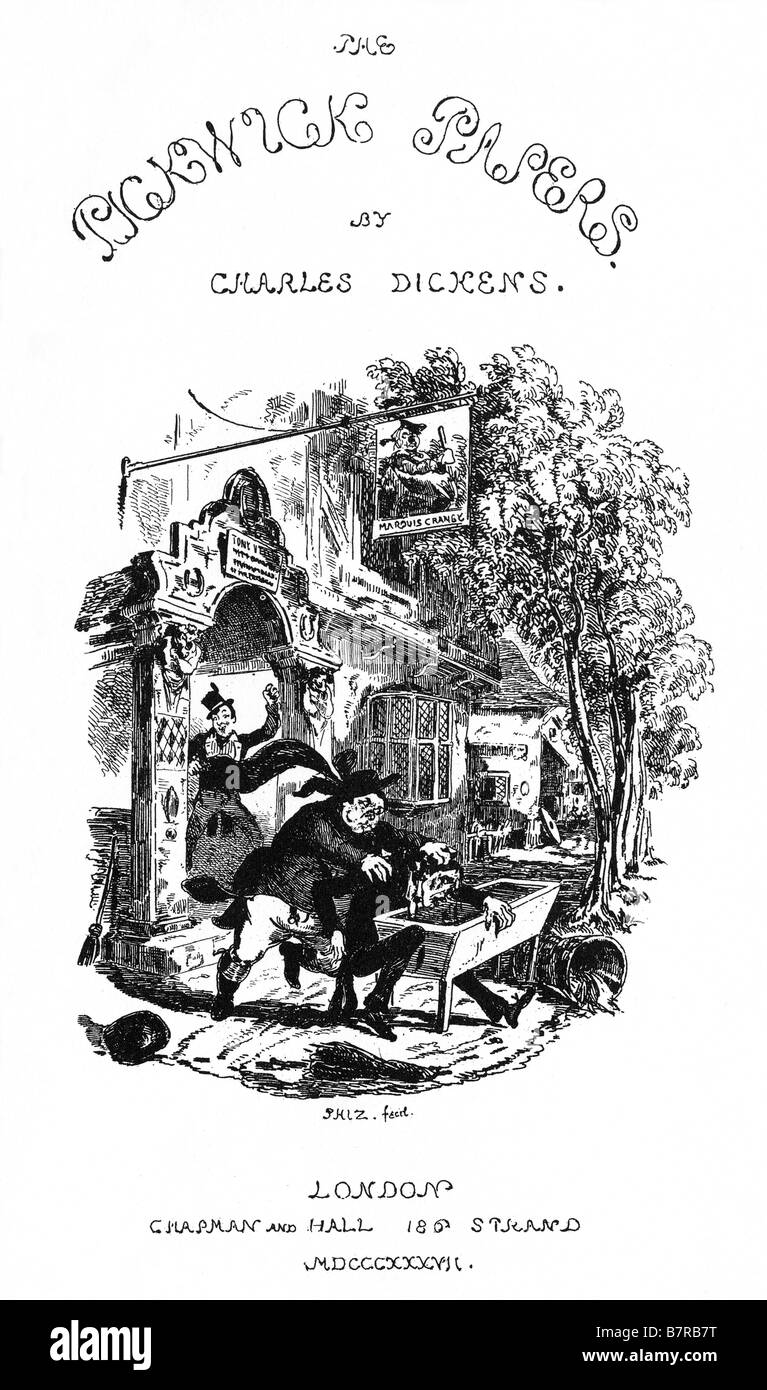 Le Pickwick Papers Page titre par Phiz à la première édition de la lié Charles Dickens roman comique Banque D'Images