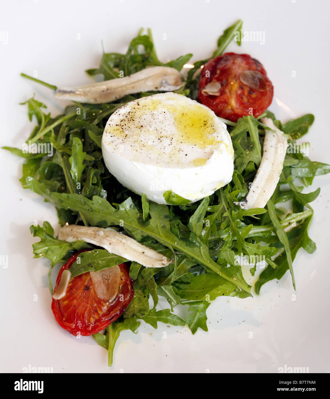 Oeuf poché sur un lit de roquette aux tomates et anchois Banque D'Images