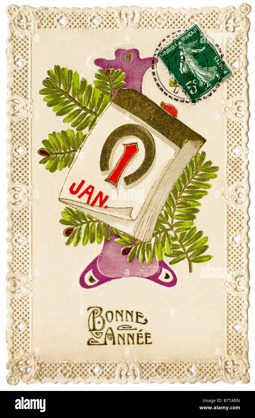 Vers 1908 Le Français 'Bonne Année' fancy carte postale représentant le 1 janvier calendrier, Sapin et direction horseshoe - France. Banque D'Images