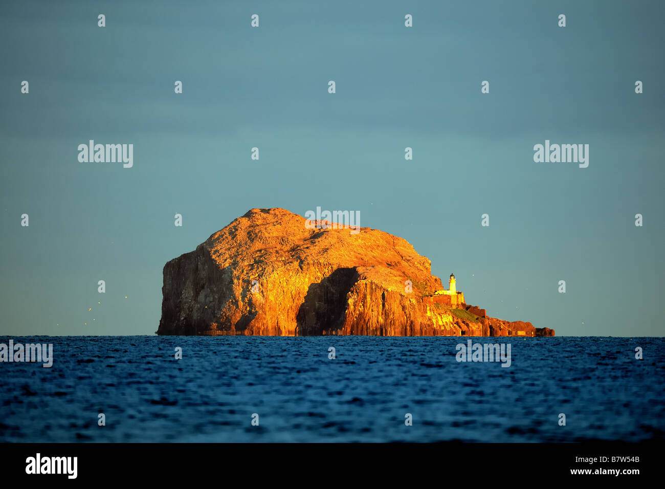 Le Bass Rock, Firth of Forth, Ecosse, UK, au coucher du soleil en hiver, de Yellowcraig beach. Banque D'Images