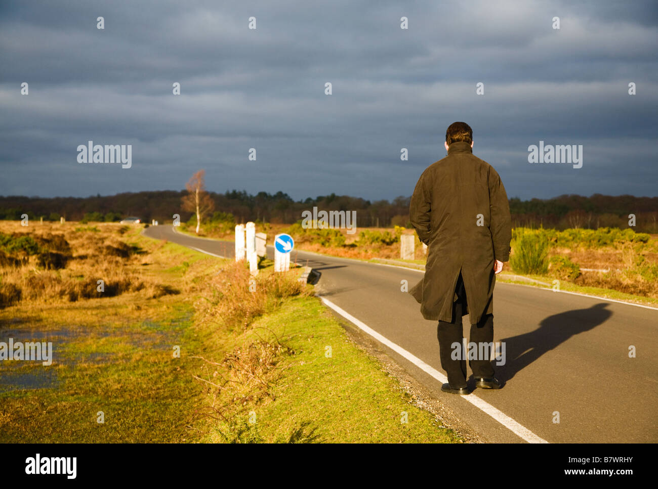 Un homme qui marche le long d'une route dans la région de la New Forest, Hampshire. UK. Soleil du soir derrière causant de grandes ombres. Des nuages sombres à venir. Banque D'Images