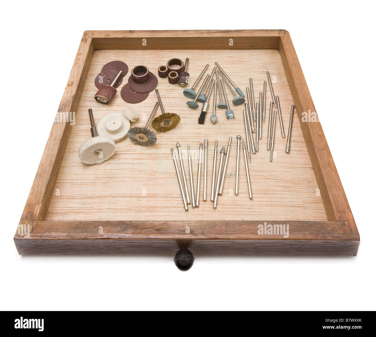 Petits conseils d'outils électriques à tiroirs en bois utilisé pour l'élaboration de prépolissage et polissage Banque D'Images