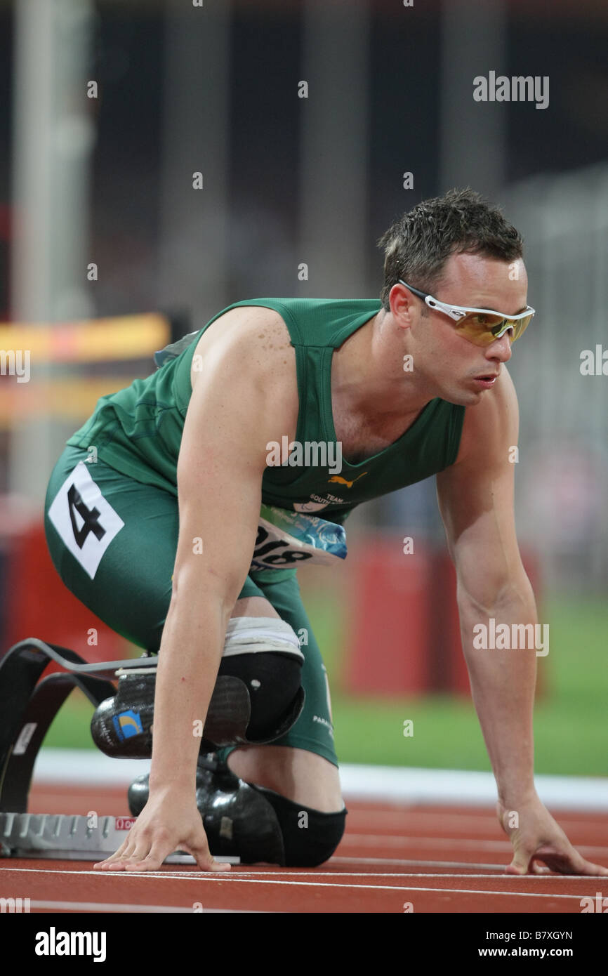 Oscar Pistorius LSF 16 SEPTEMBRE 2008 Jeux paralympiques de Beijing 2008 Athlétisme Mens 400m T44 finale au Stade national Beijing Chine Photo par Akihiro Sugimoto AFLO SPORT 1080 Banque D'Images