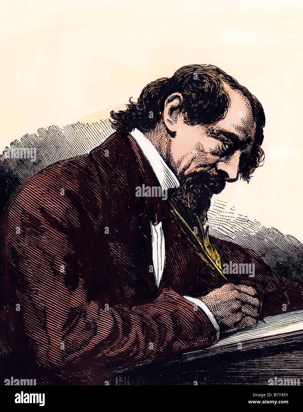 Charles Dickens à son bureau. À la main, gravure sur bois Banque D'Images