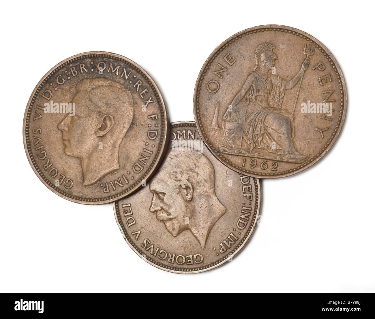 Vintage UK vieille monnaie penny le roi George V VI Britannia Grande-bretagne 1d Banque D'Images