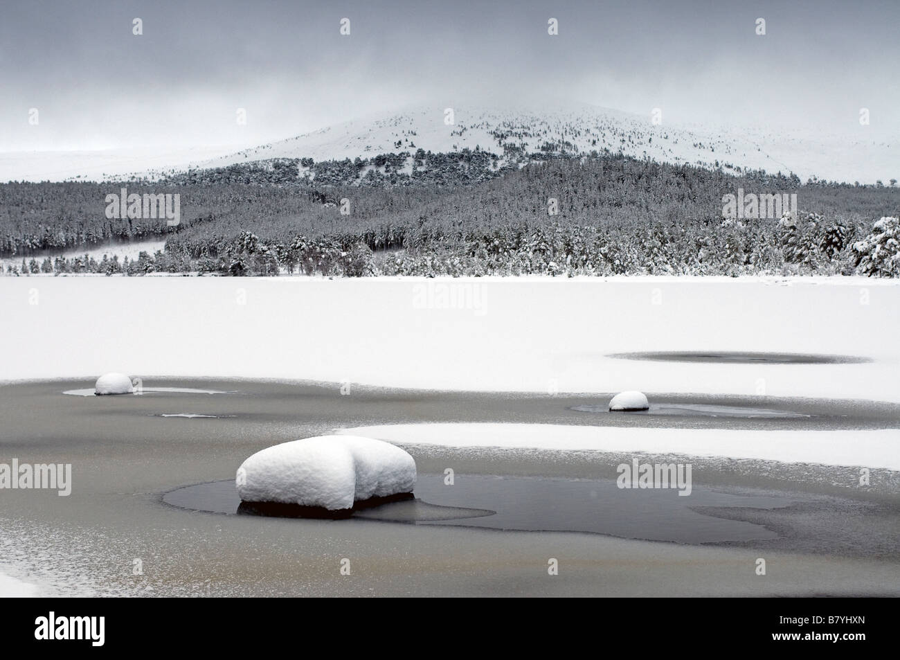 Le Loch Morlich dans le Parc National de Cairngorms recouverte d'une couche de glace en hiver 2045 SCO Banque D'Images