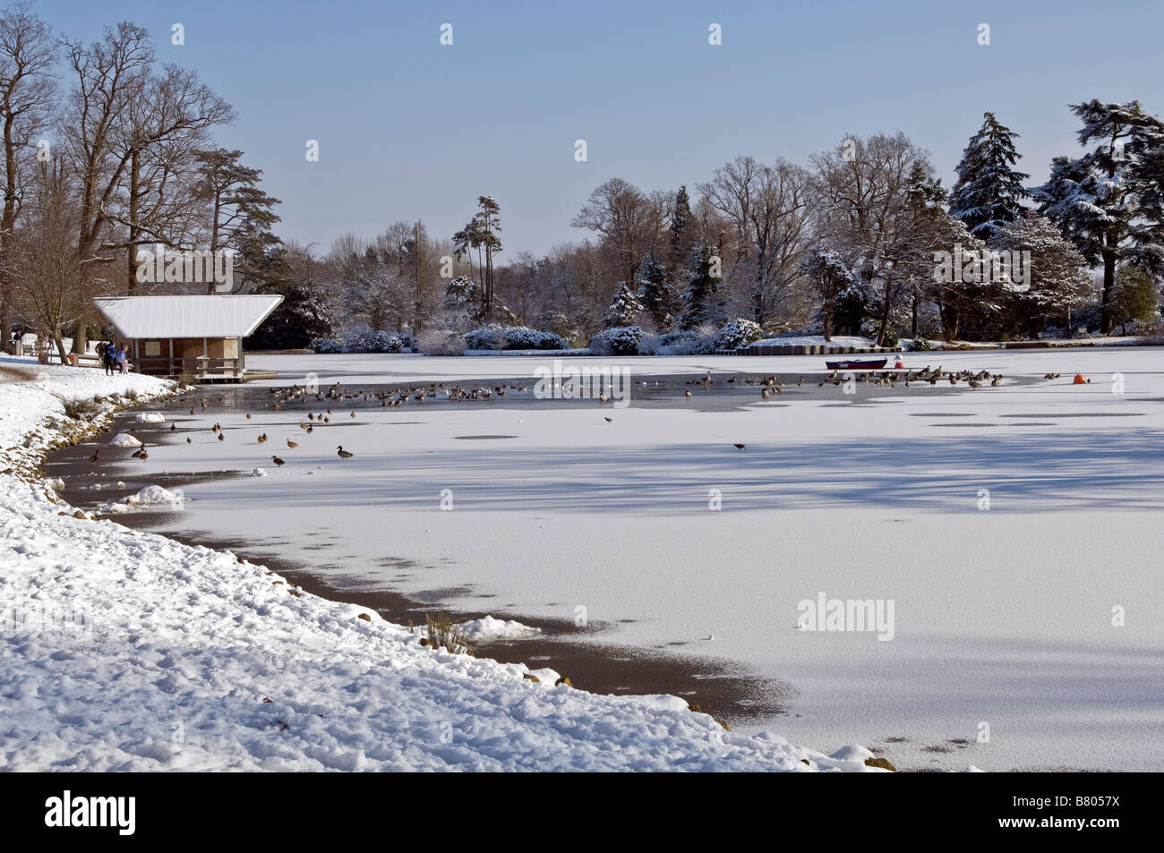 Vue sur le lac gelé à Dunorlan Park à Tunbridge Wells, Kent, à la suite de l'accumulation de neige à travers le Royaume-Uni en février 2009 Banque D'Images
