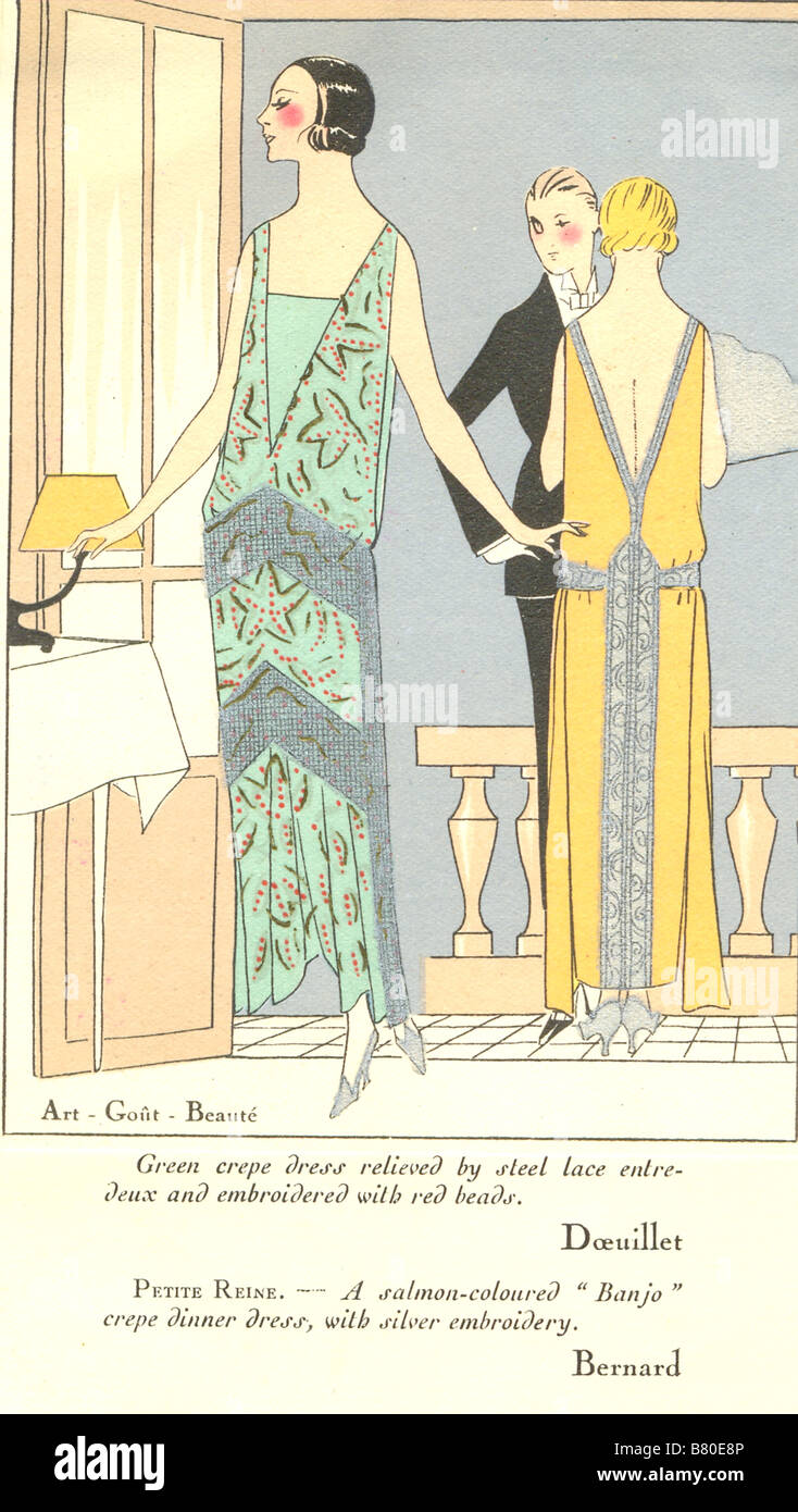 Gravure de mode de création d'Art-Gout-Beaute pour avril 1923 robes de soirée montrant couturier par Doeuillet et Bernard Banque D'Images