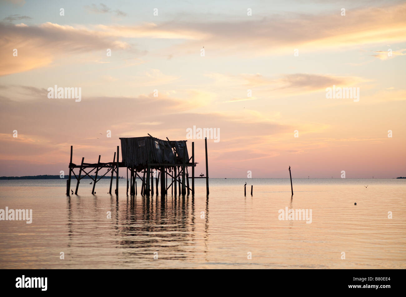 Structure délabrée sur pilotis en silhouette contre orange à Cedar Key, Floride, USA Banque D'Images