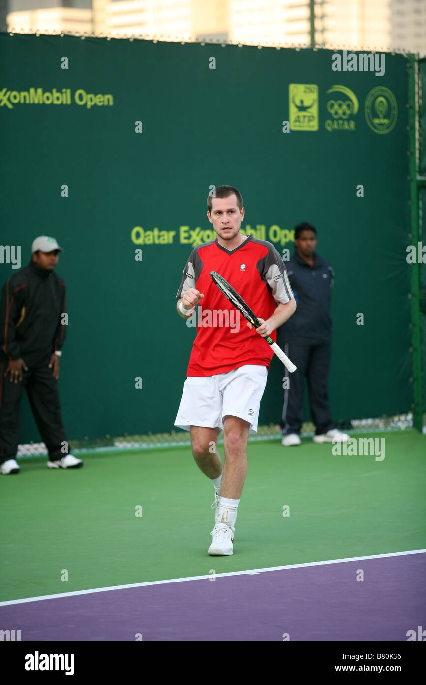 République slovaque Karol Beck dans l'action au Qatar ExxonMobil Open Tennis Tournament Janvier 2009 Banque D'Images