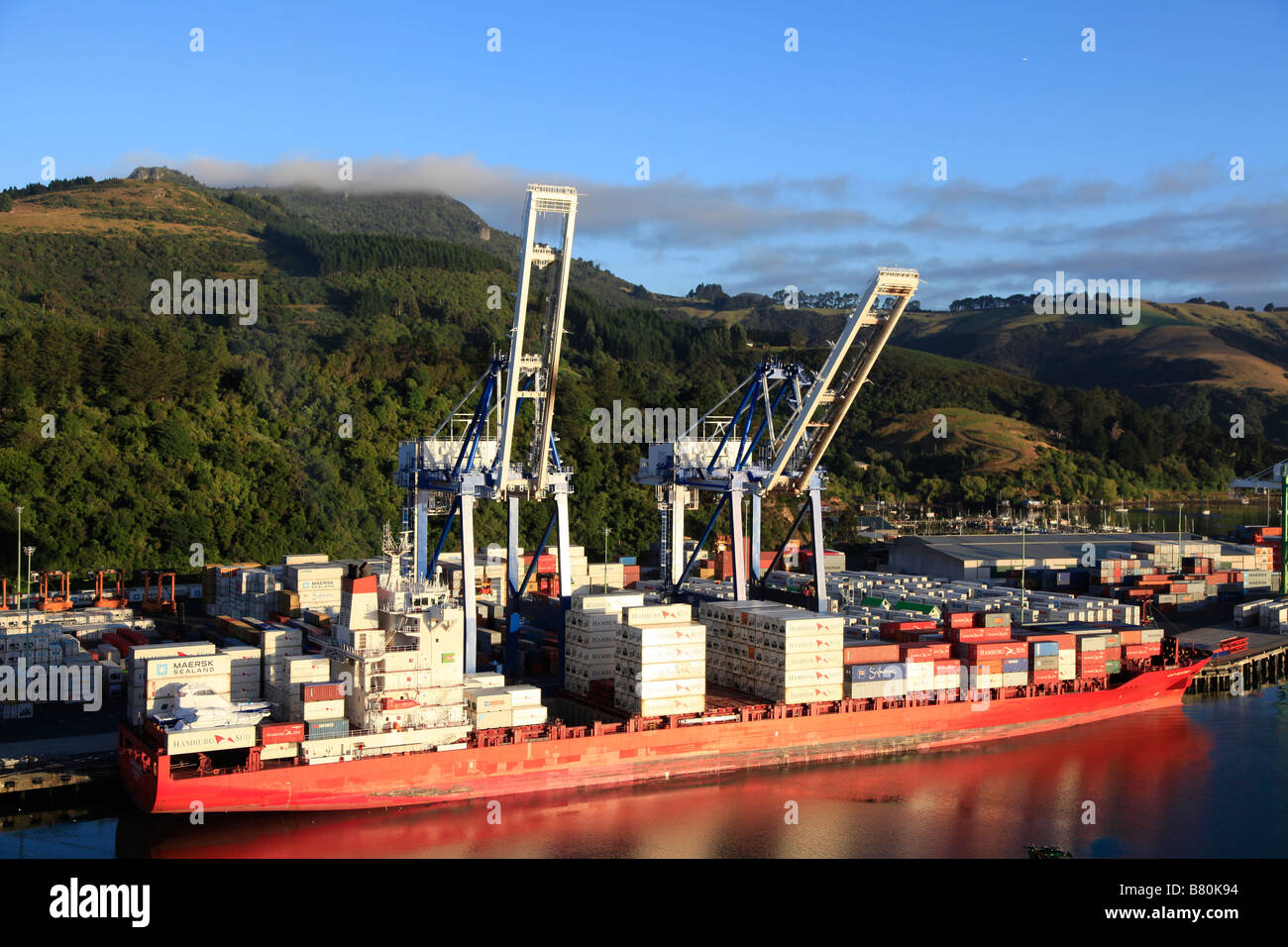 Porte-conteneurs au terminal de déchargement,Port Chalmers, le port d'Otago, Dunedin, Nouvelle-Zélande, île du Sud Banque D'Images