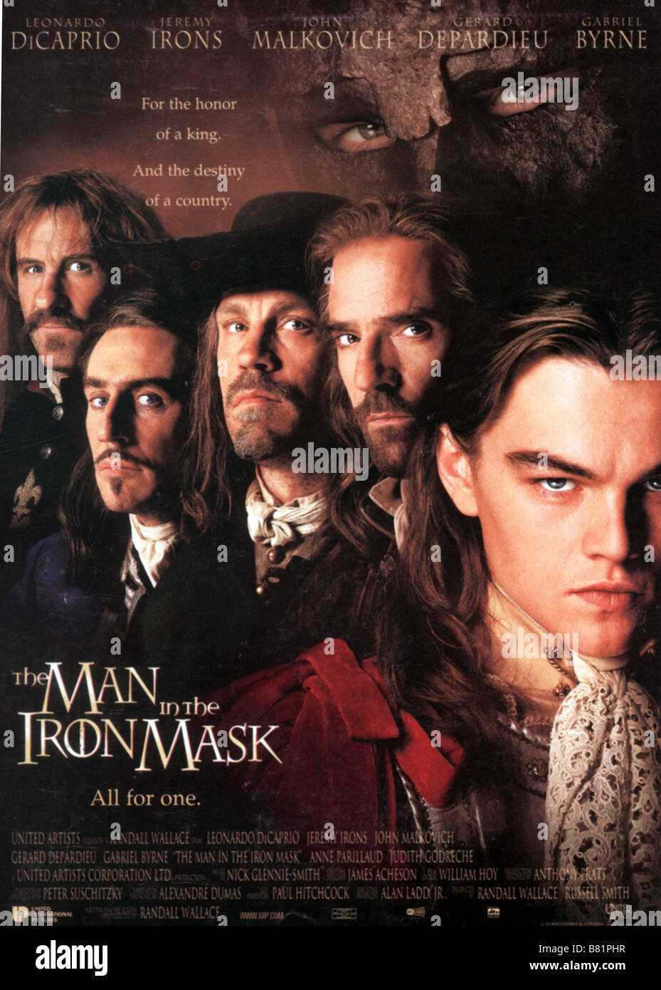 L'homme au masque de fer Année : 1998 UK / USA Réalisateur : Randall Wallace Gérard Depardieu, Gabriel Byrne, John Malkovich, Jeremy Irons, Leonardo DiCaprio affiche de film (USA) Banque D'Images