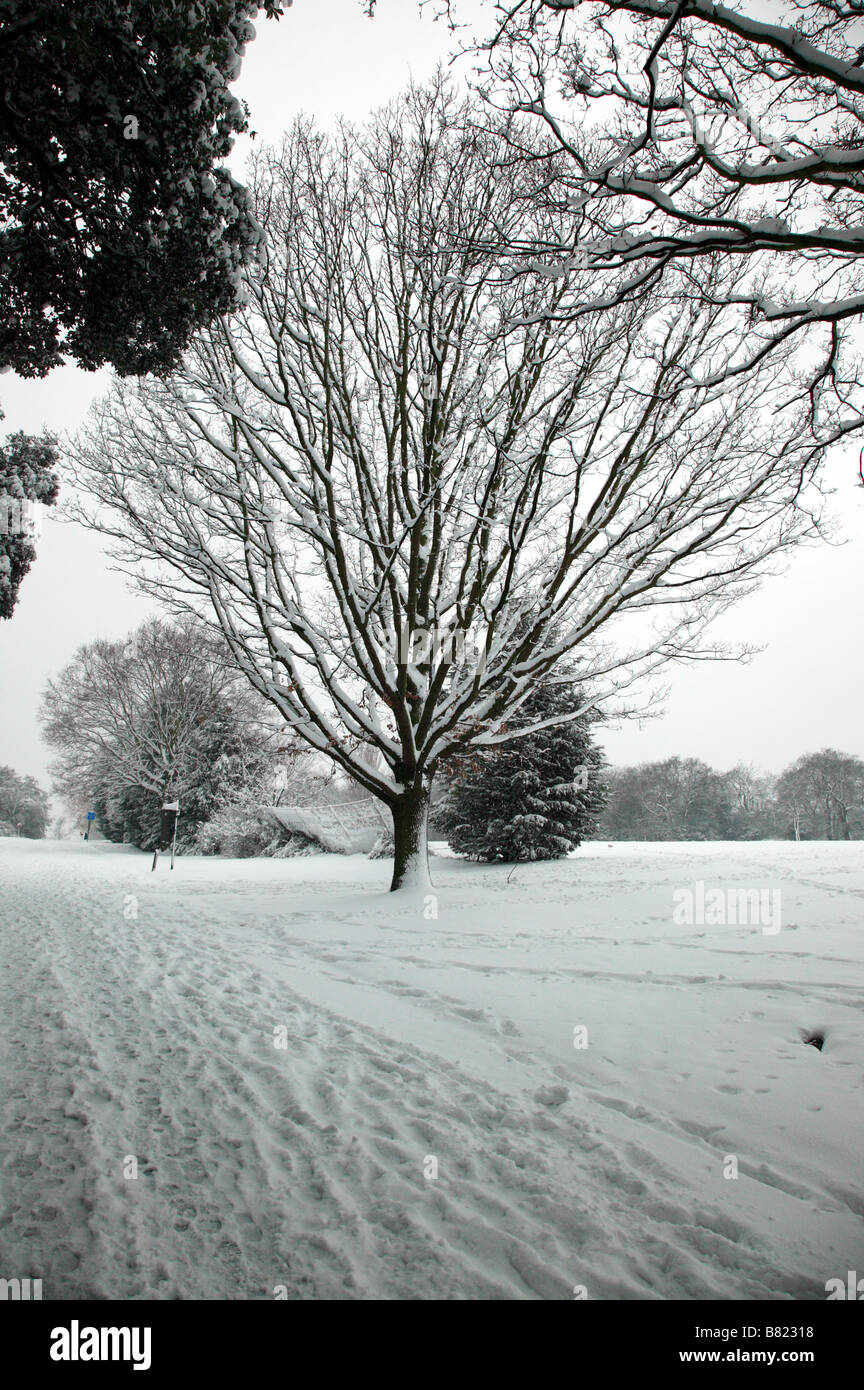 Vue de la route jusqu'à l'hôtel en Beckeham Palace Park, Lewisham, au cours de l'événement de la neige à Londres Banque D'Images