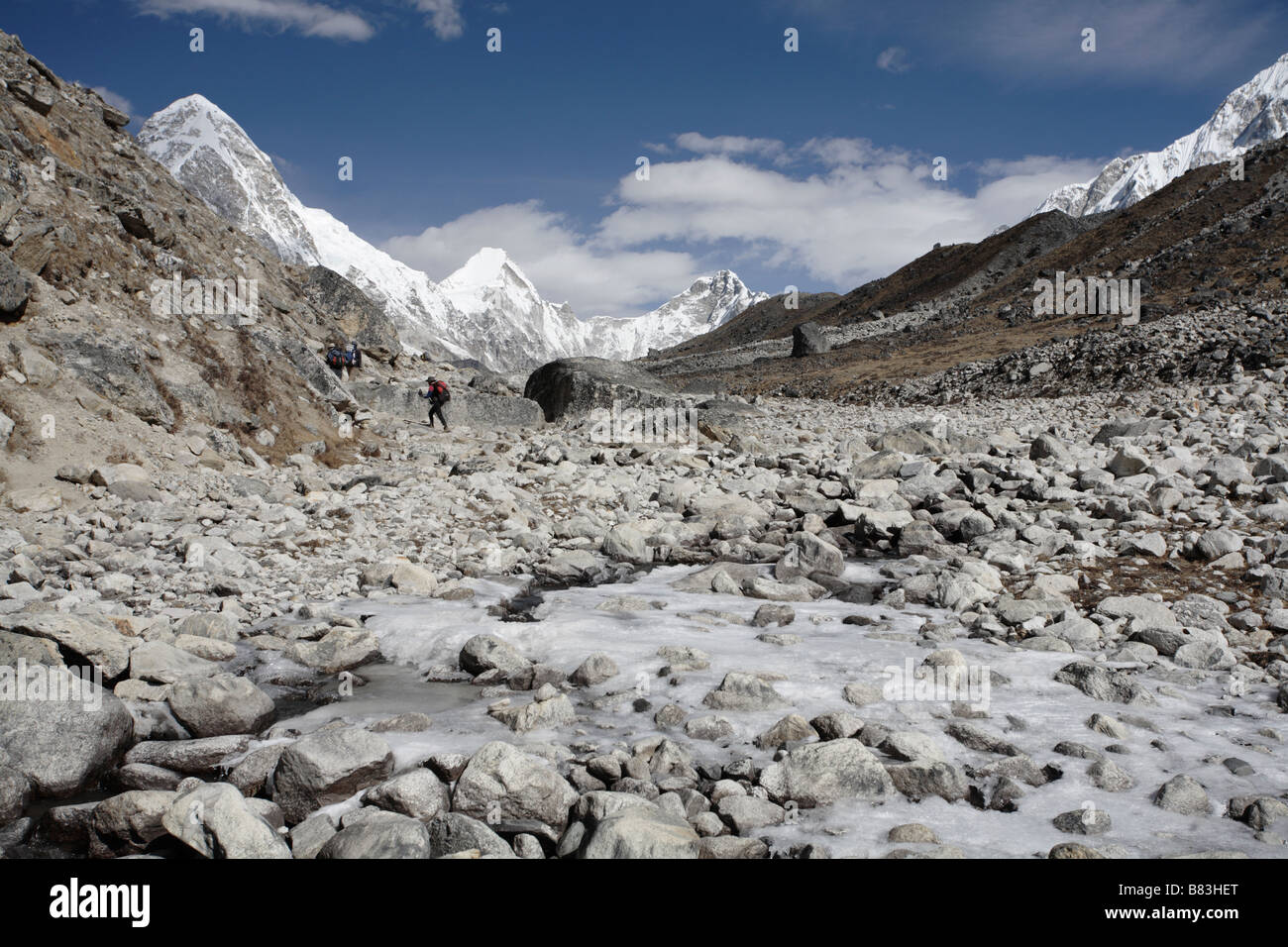 Vue sur la vallée du Khumbu à Duglha entre Nord et Lobuche Banque D'Images Vue sur la vallée du Khumbu à Duglha entre Nord et Lobuche Banque D'Images