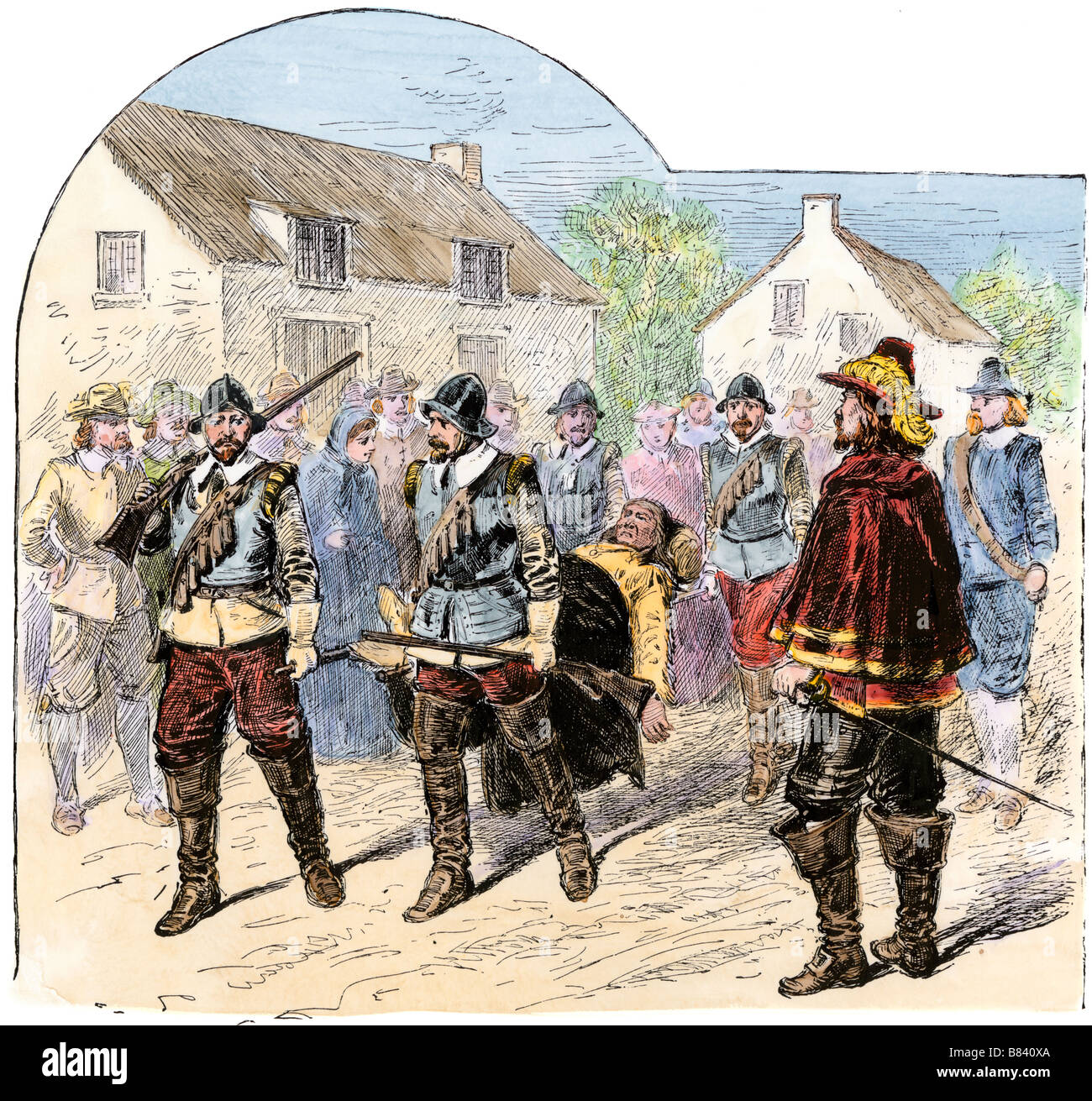 Chef Opecancanough en captivité colonie de Virginie. À la main, gravure sur bois Banque D'Images