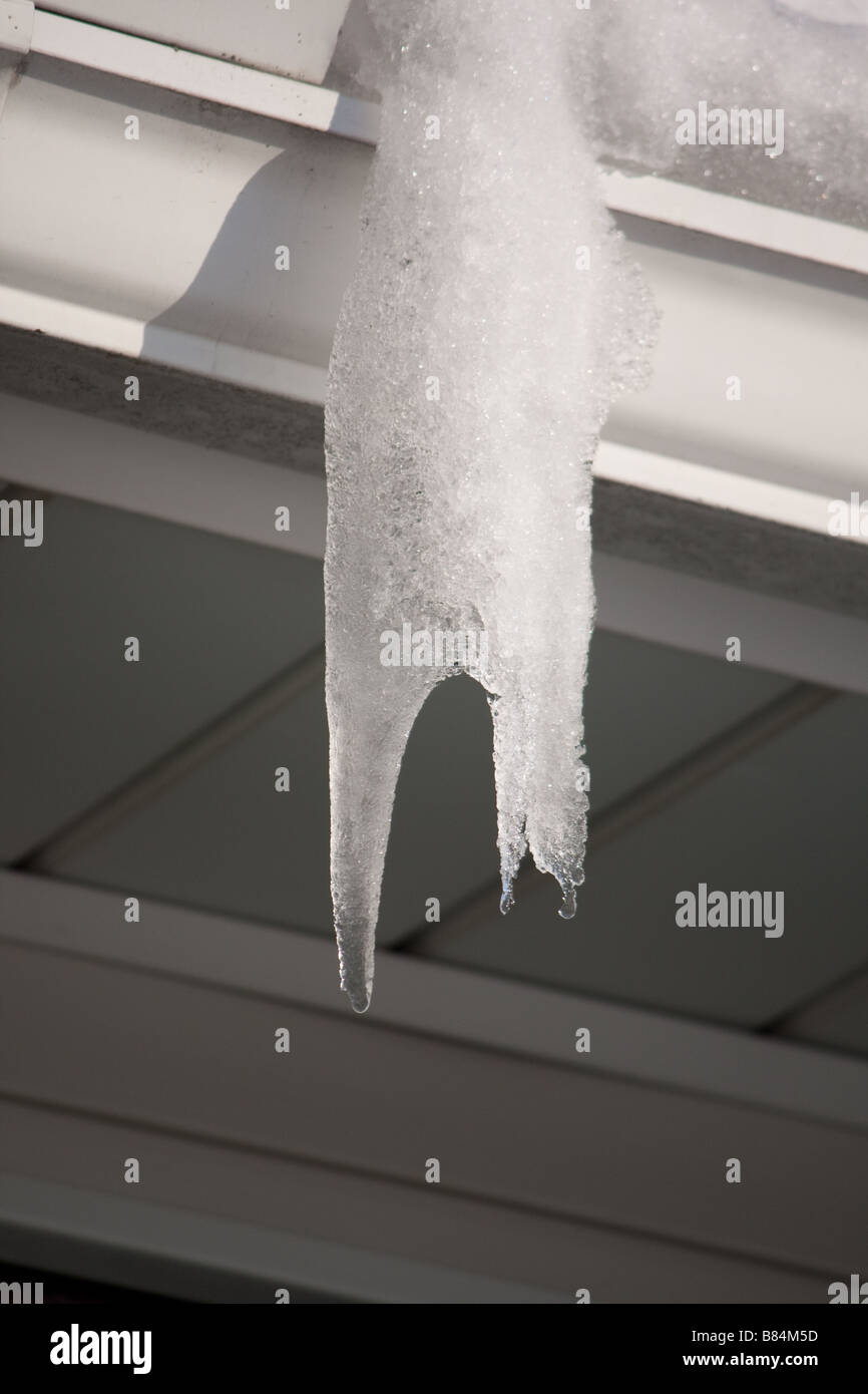 La faucille de glace sur le toit/gouttière. Banque D'Images
