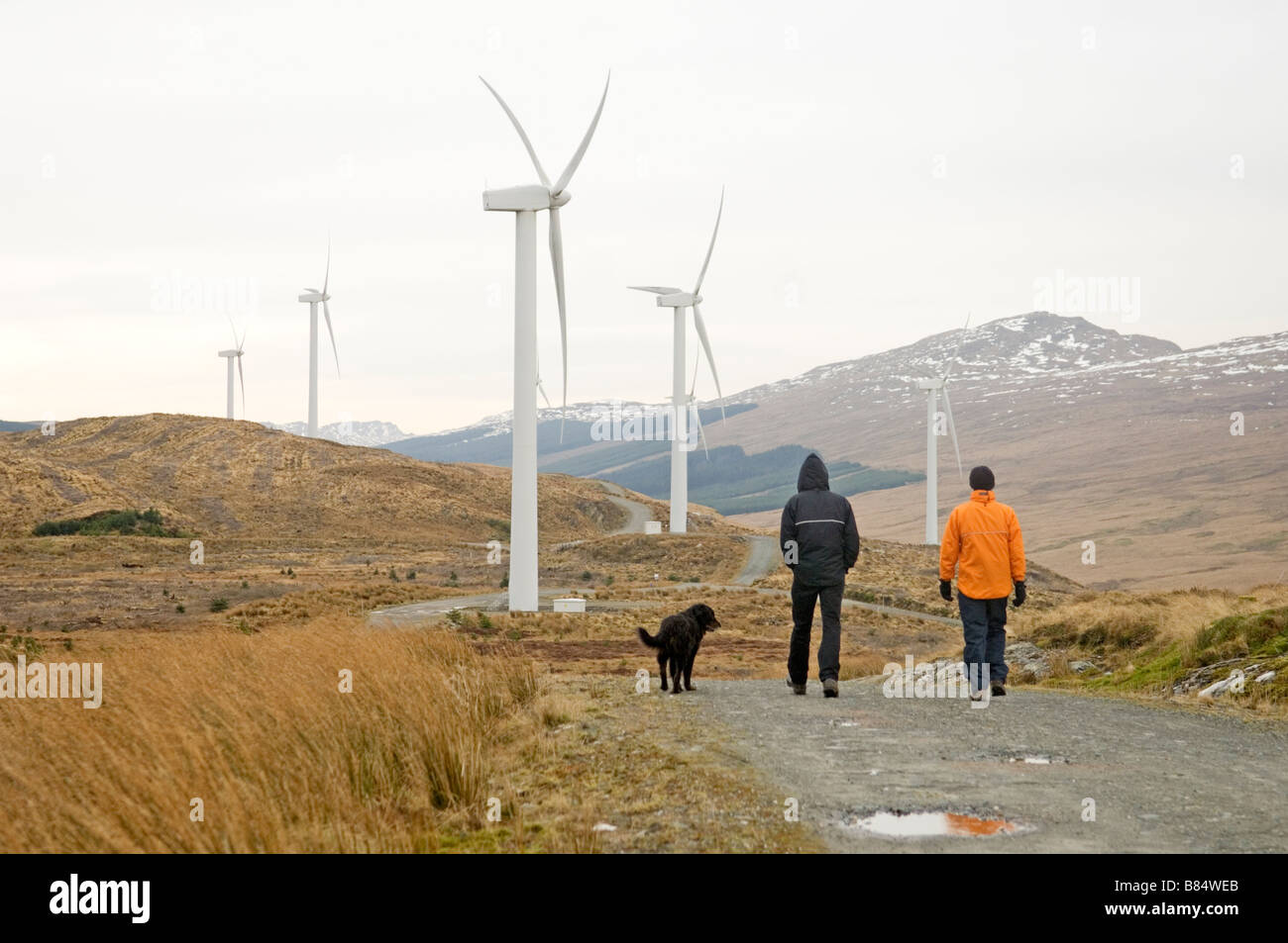 Dog Walkers sur Cruach Mhor Windfarm Glendaruel Ecosse Banque D'Images