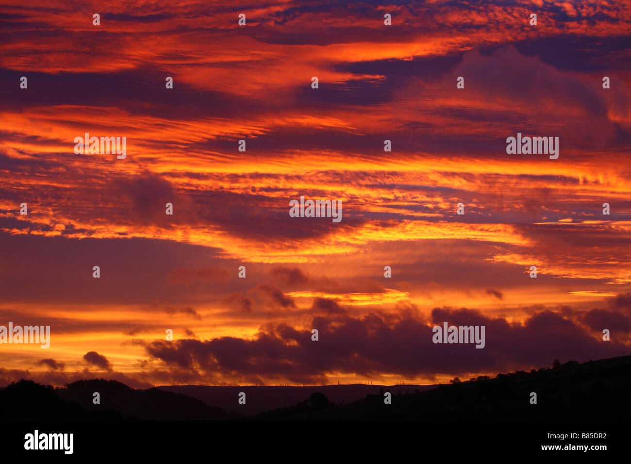 À l'aube. Ciel du matin au lever du soleil. Powys, Pays de Galles, Royaume-Uni. Banque D'Images