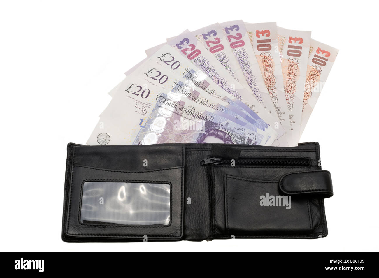 Portefeuille noir Mans déversant 10 et 20 notes. Utilisez uniquement éditoriale Banque D'Images