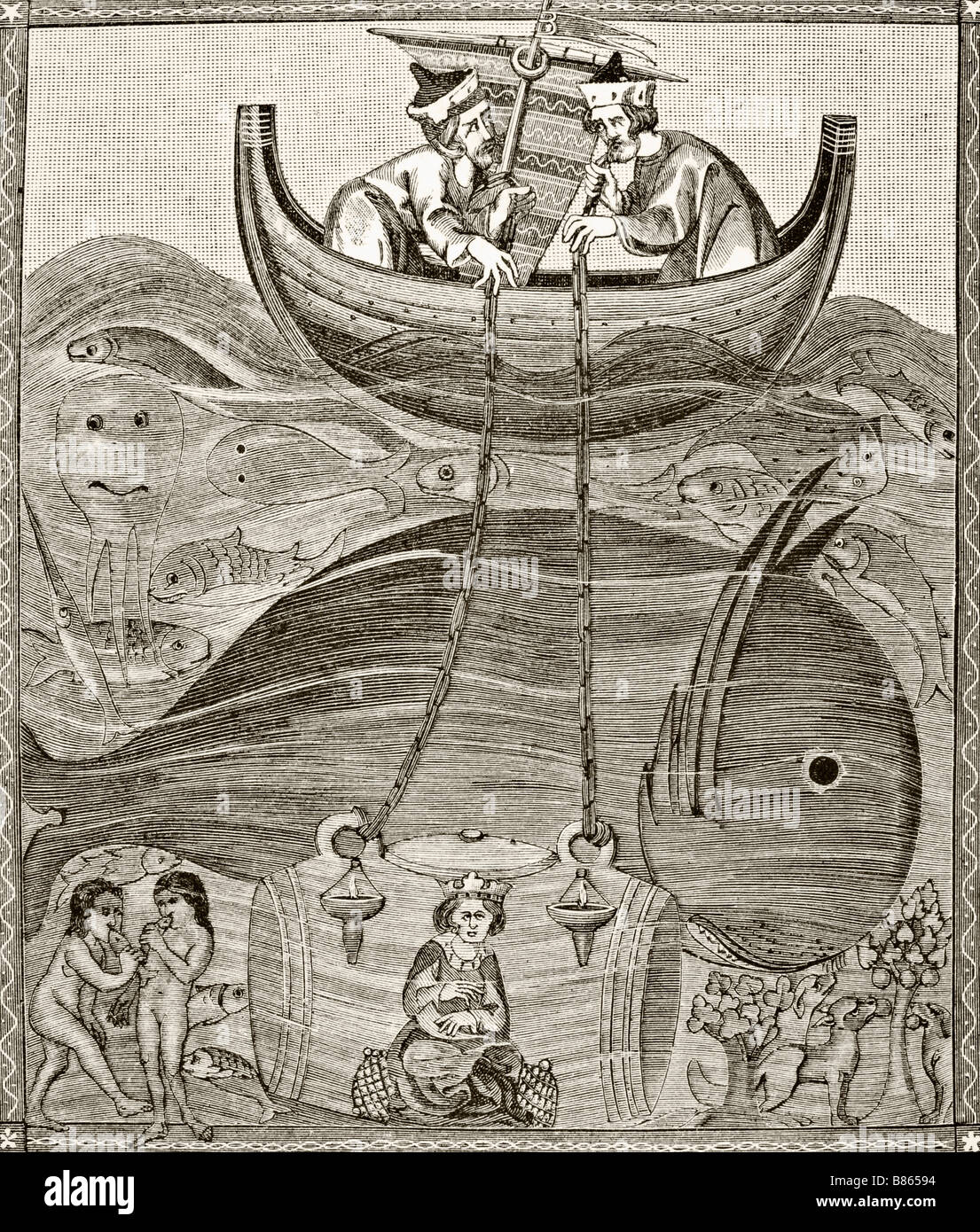 Le monde marin selon les conceptions du Moyen-âge. Comment Alexandre s'est abaissé dans la mer dans un corps de verre. Banque D'Images