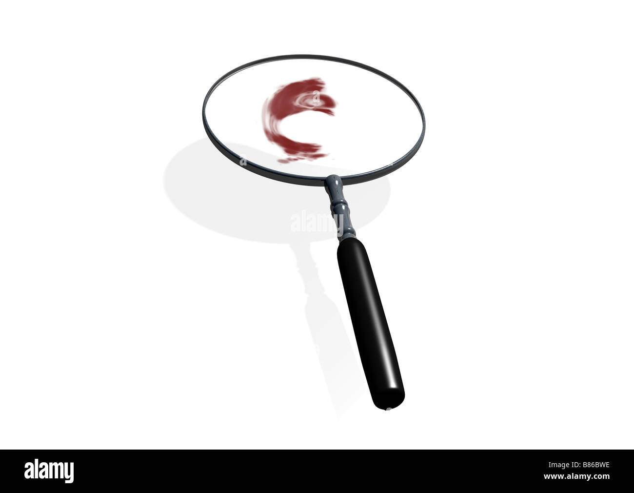 Une loupe utilisée pour enquêter sur le sang ou une scène de crime. Concept pour l'analyse judiciaire. Banque D'Images