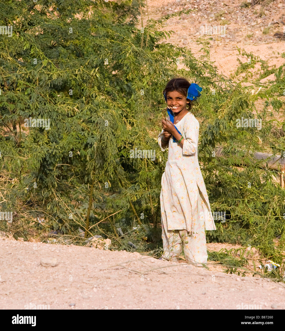 Village Girl dans le Rajasthan en Inde sur le terrain Banque D'Images