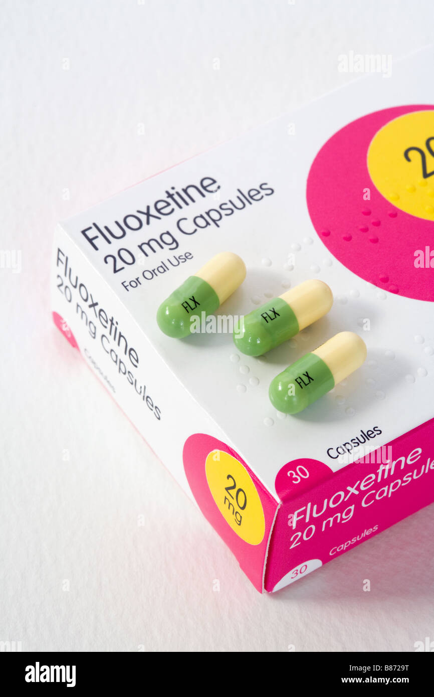 Fluoxetine SSRI antidépresseur médicament - boîte de médicament et capsules de fluoxétine médicaments utilisés dans le traitement de la dépression. Banque D'Images