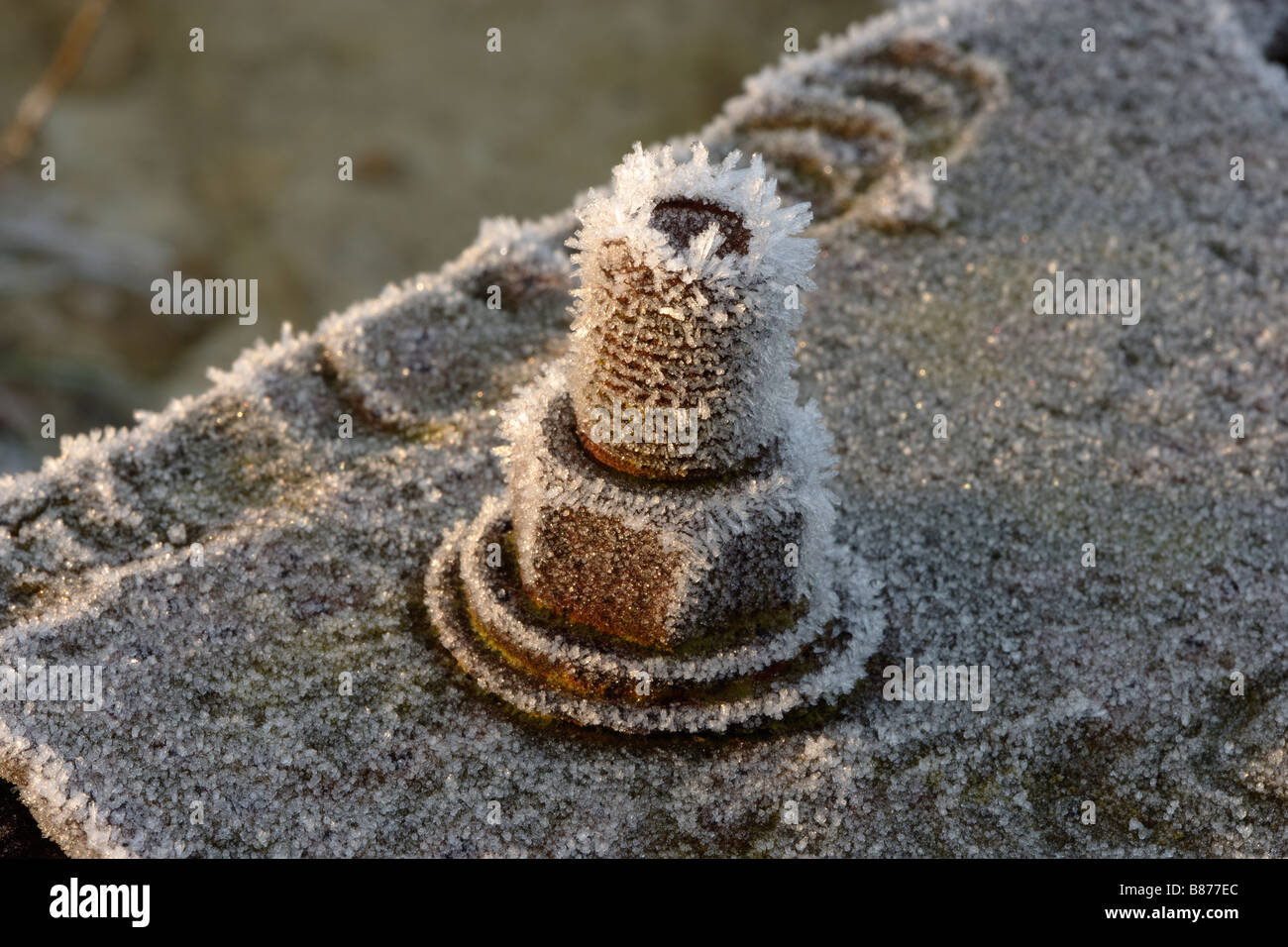 Givre sur rusty metal farm equipment Banque D'Images