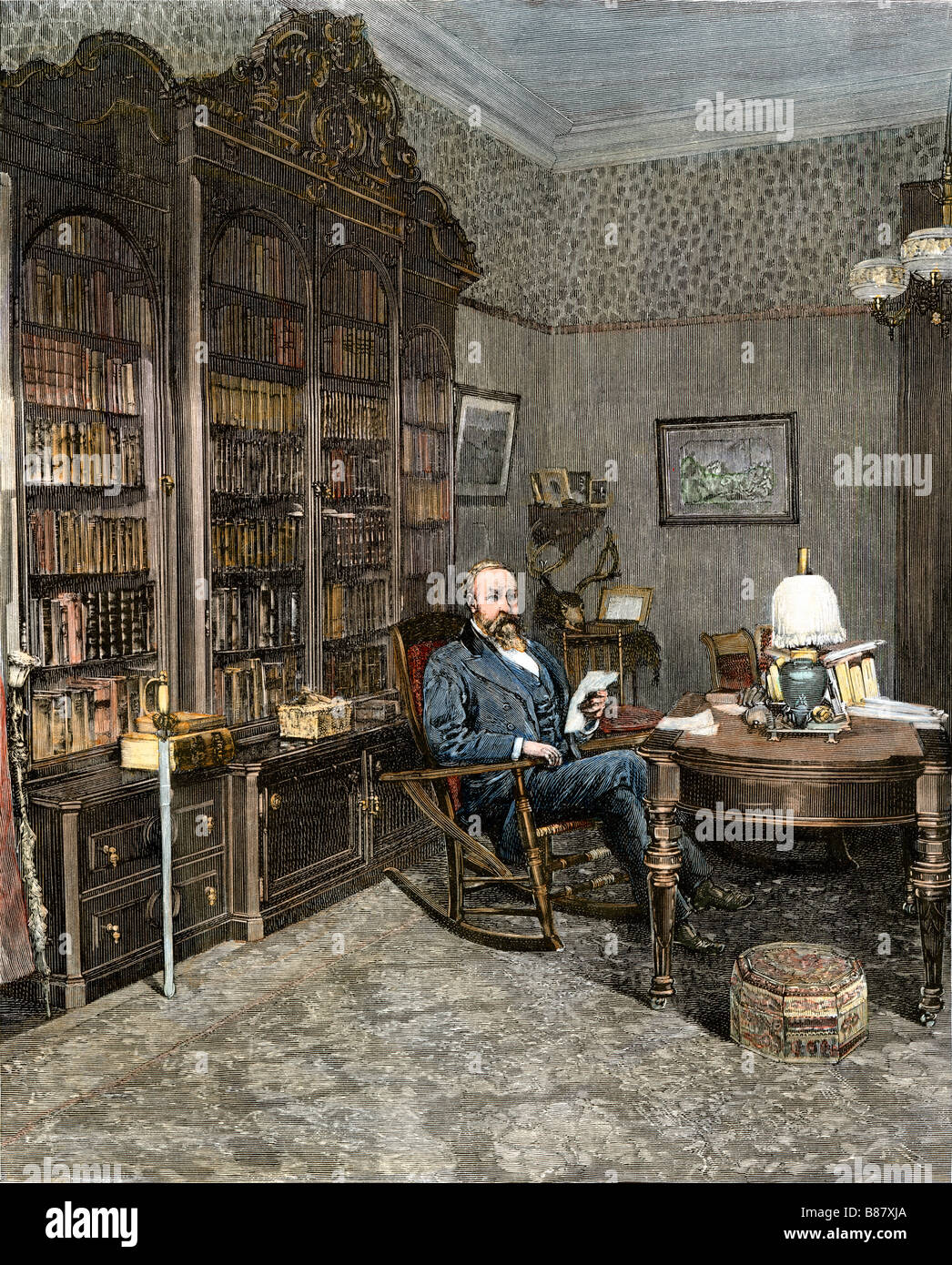 Benjamin Harrison recevant des rapports d'élection dans sa bibliothèque 1888. À la main, gravure sur bois Banque D'Images