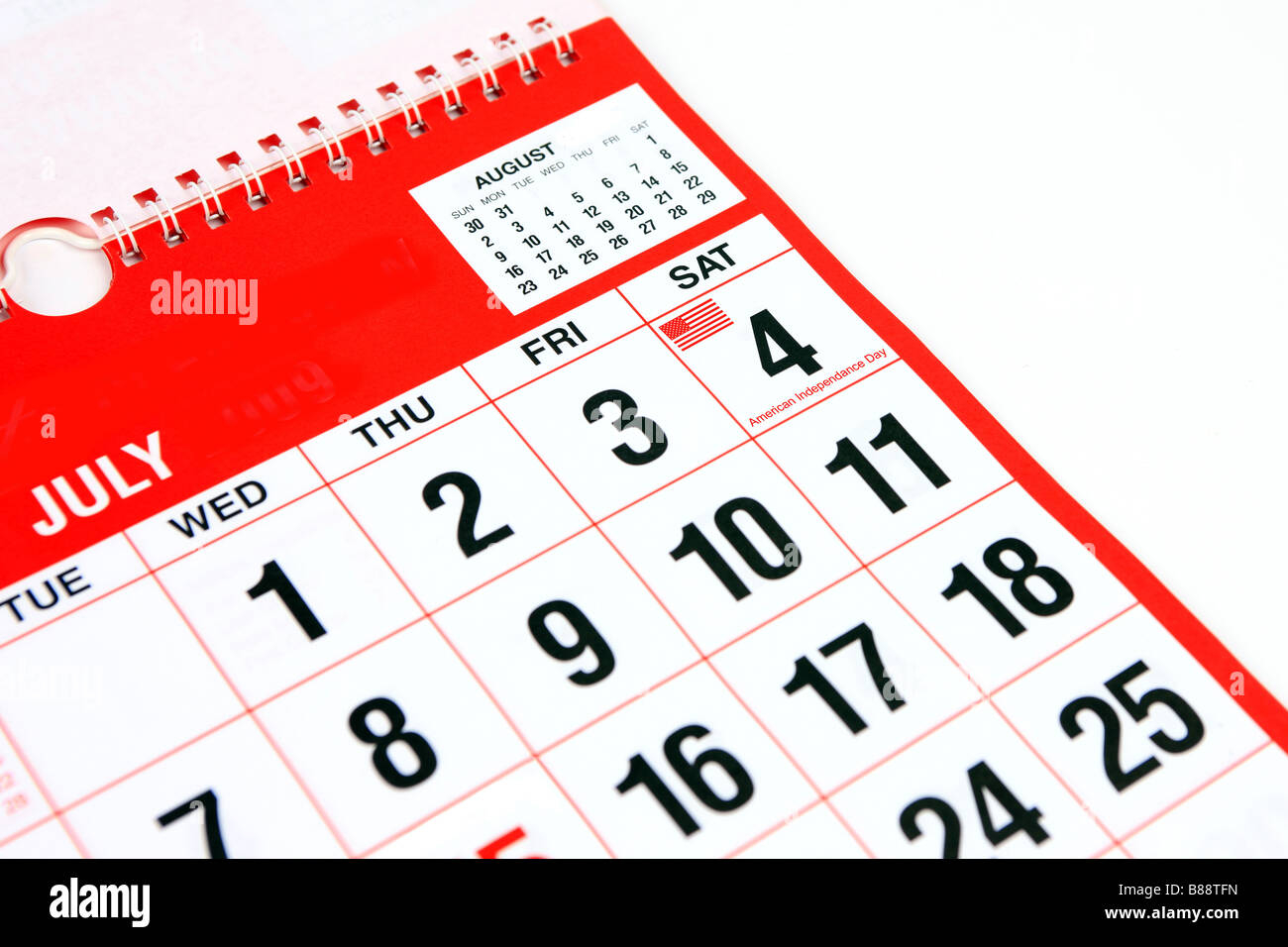 Calendrier sur le mois de juillet avec un petit drapeau sur le 4ème, American Indepenance day Banque D'Images
