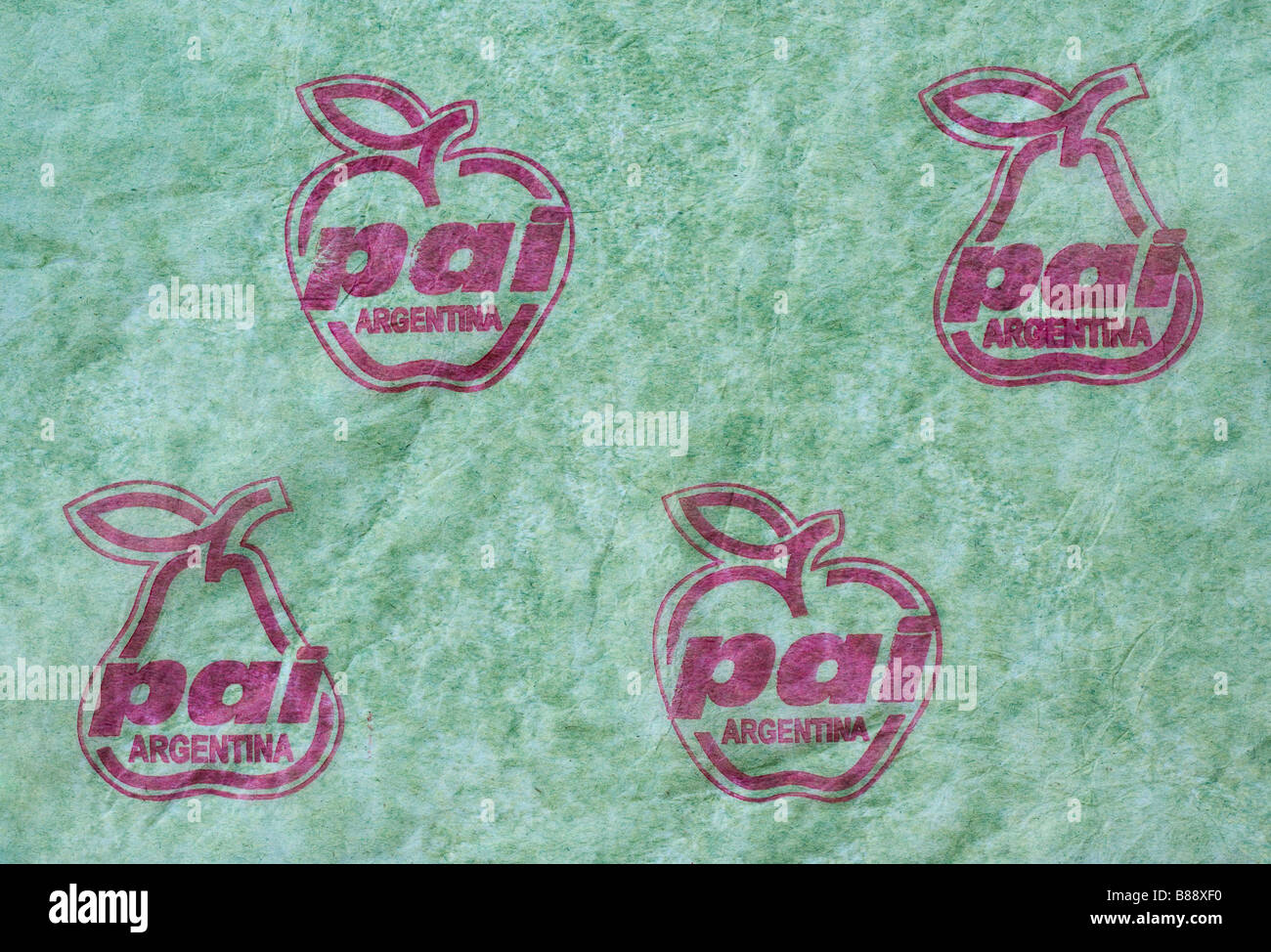 Fruit wrapper à partir de l'Argentine - illustration logo sur du papier de soie vert. Banque D'Images