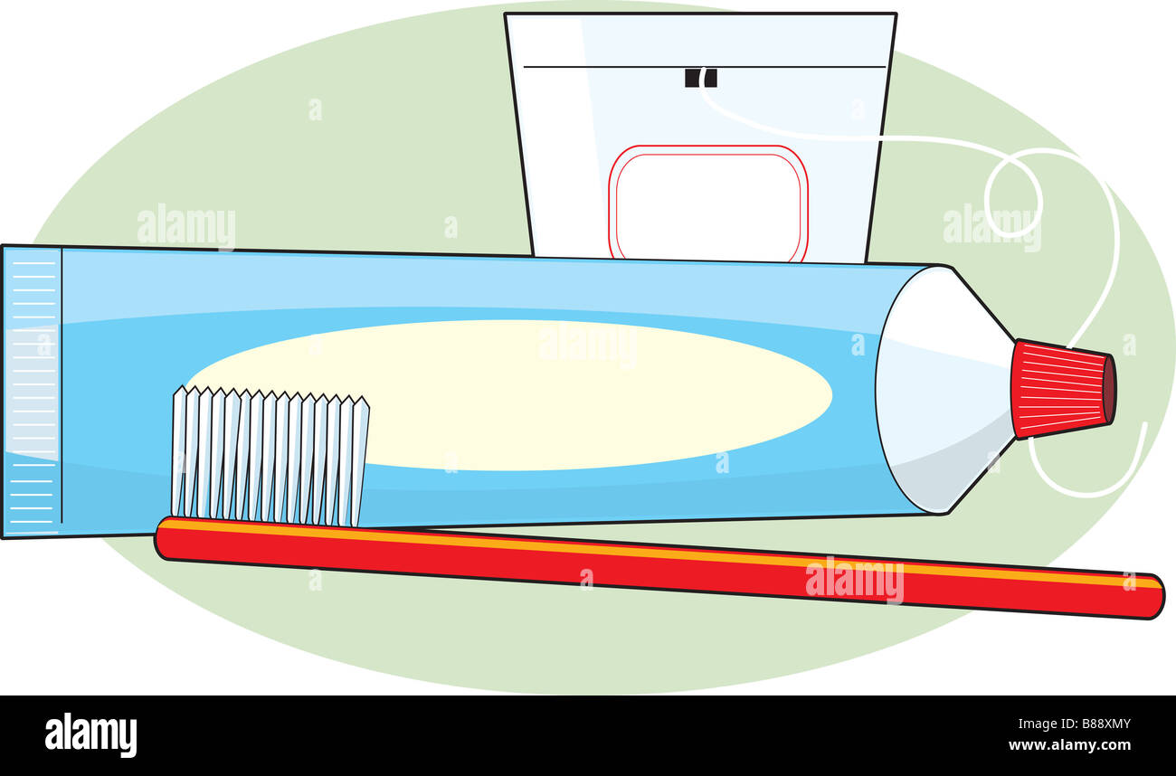 Un tube de dentifrice et une brosse à dents et de fil dentaire certains Banque D'Images